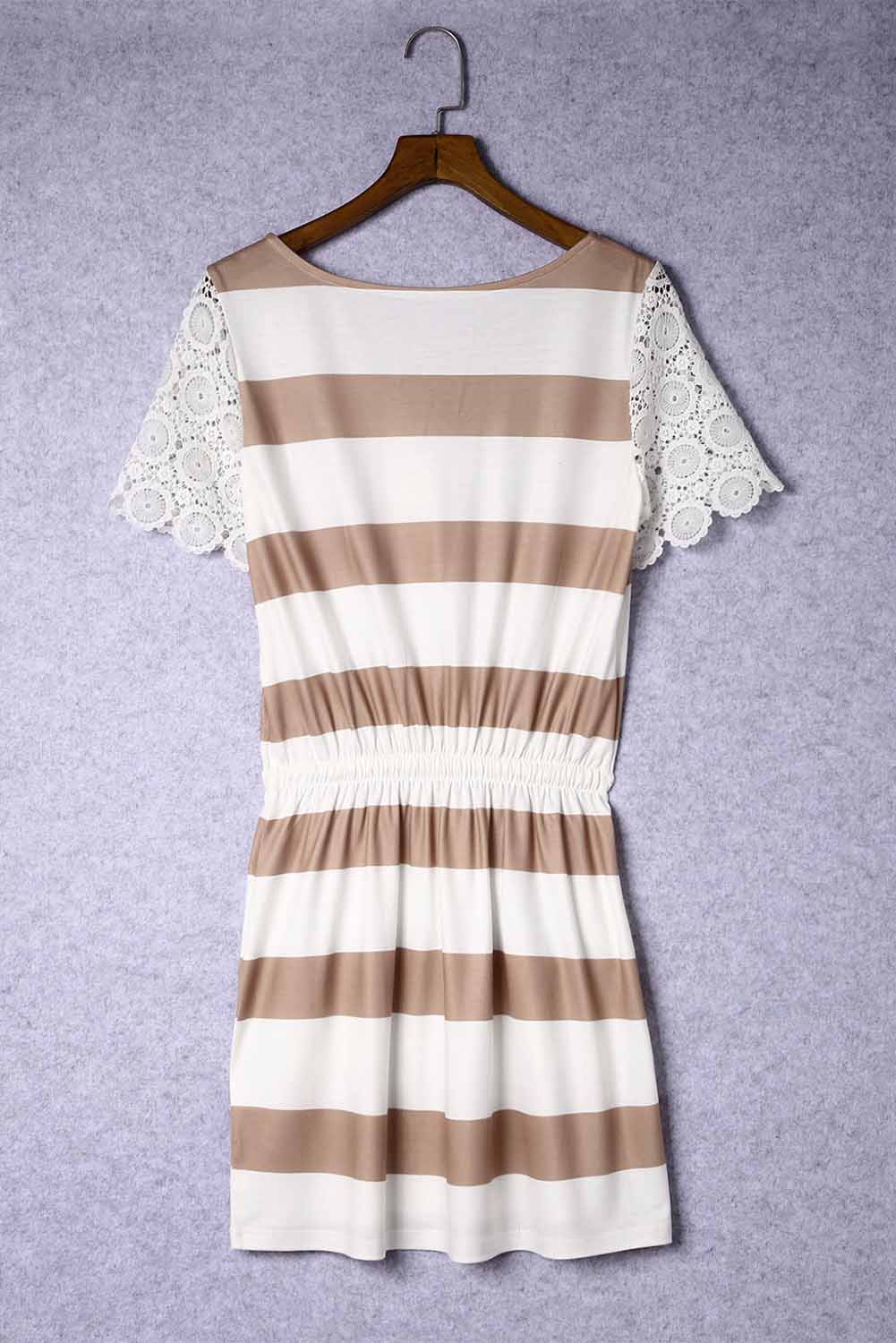 White Lace Crochet Short Sleeve Drawstring Striped Dress