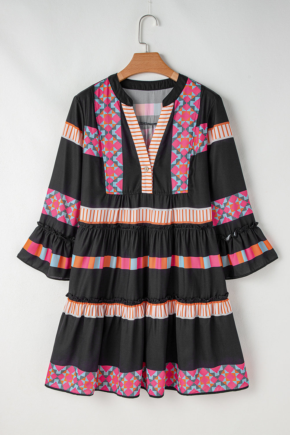 Print Buttoned V Neck Bell Sleeve Ruffle Patchwork Dress