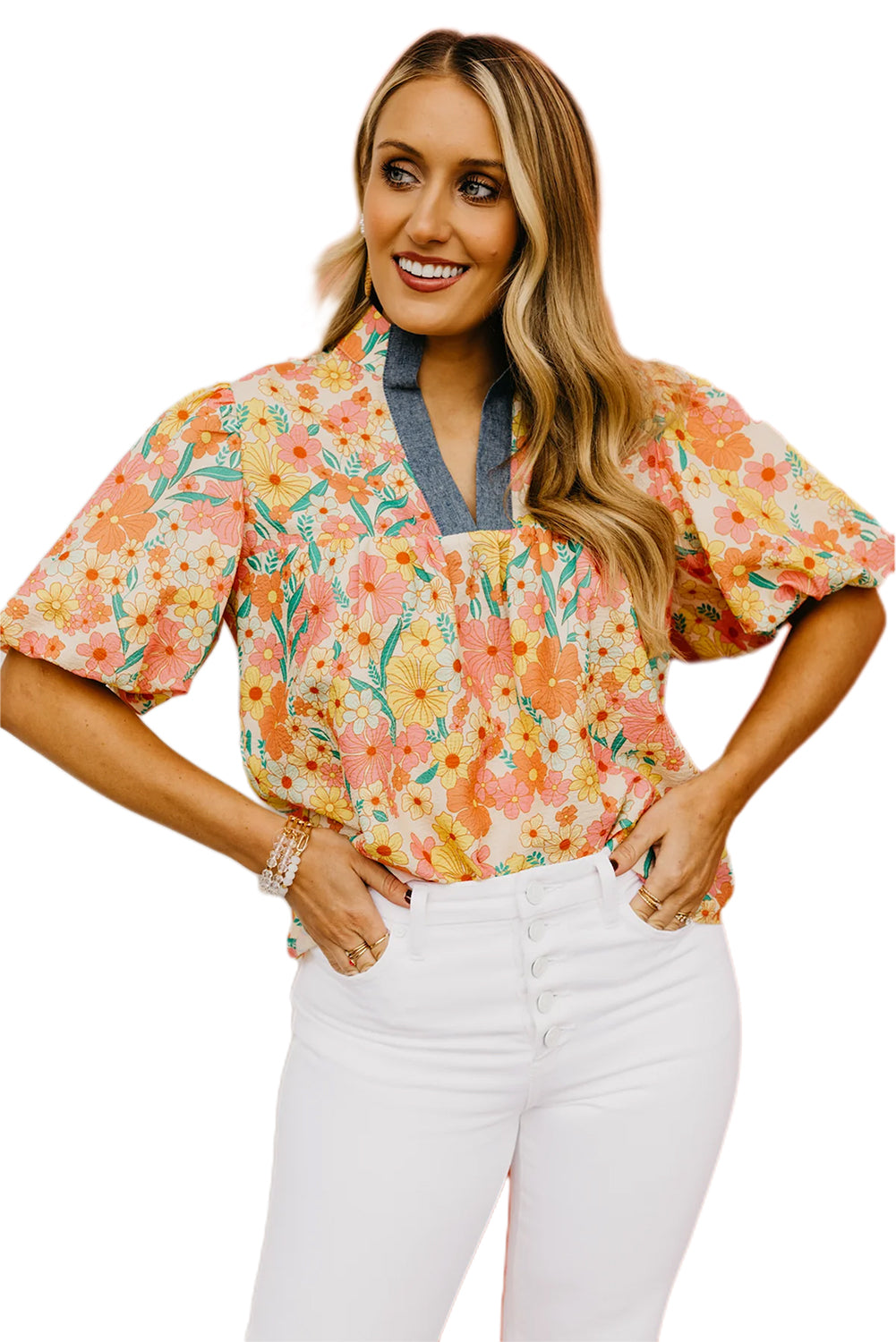 Multicolour Boho Floral V-Neck Puff Sleeve Blouse