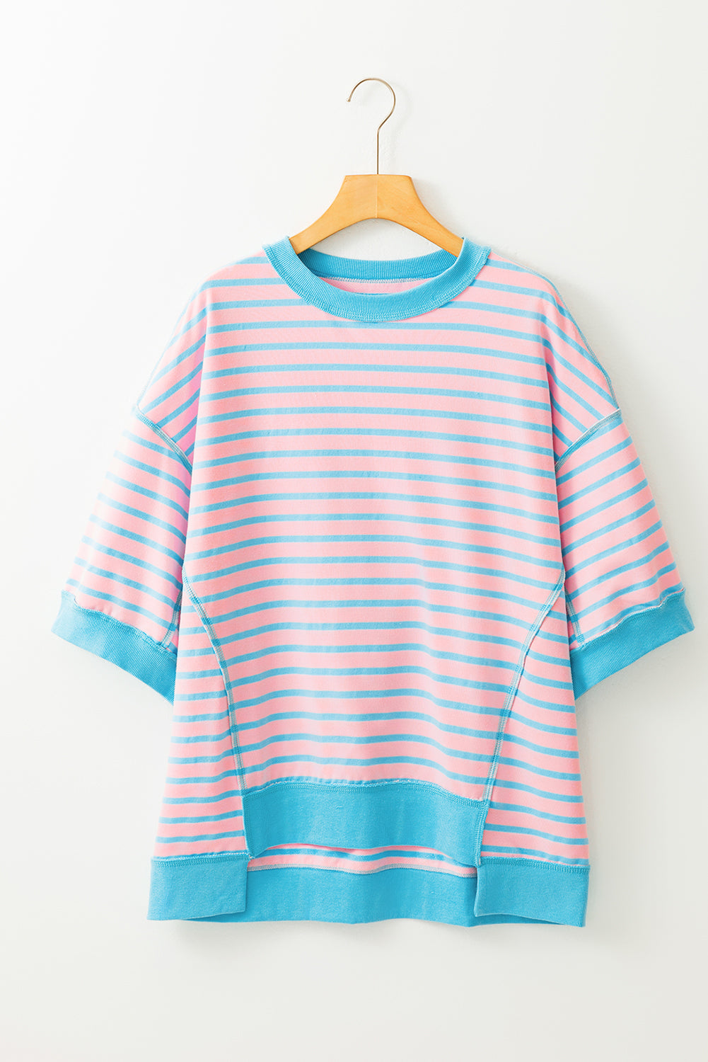 Orange Stripe Oversized Contrast Trim Exposed Seam High Low T Shirt