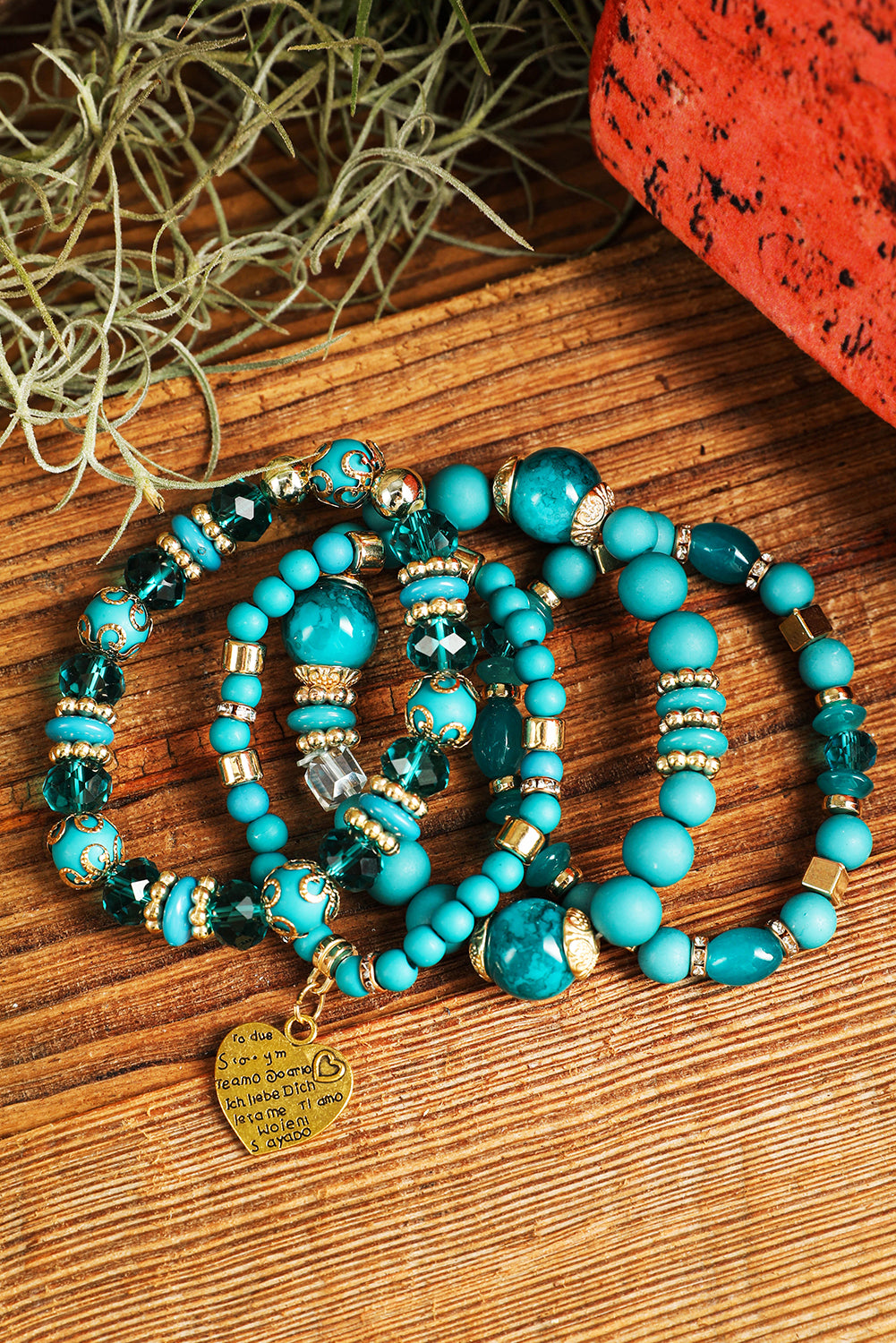 Turquoise Heart Shape Pendant Multi Layered Beaded Bracelet Set