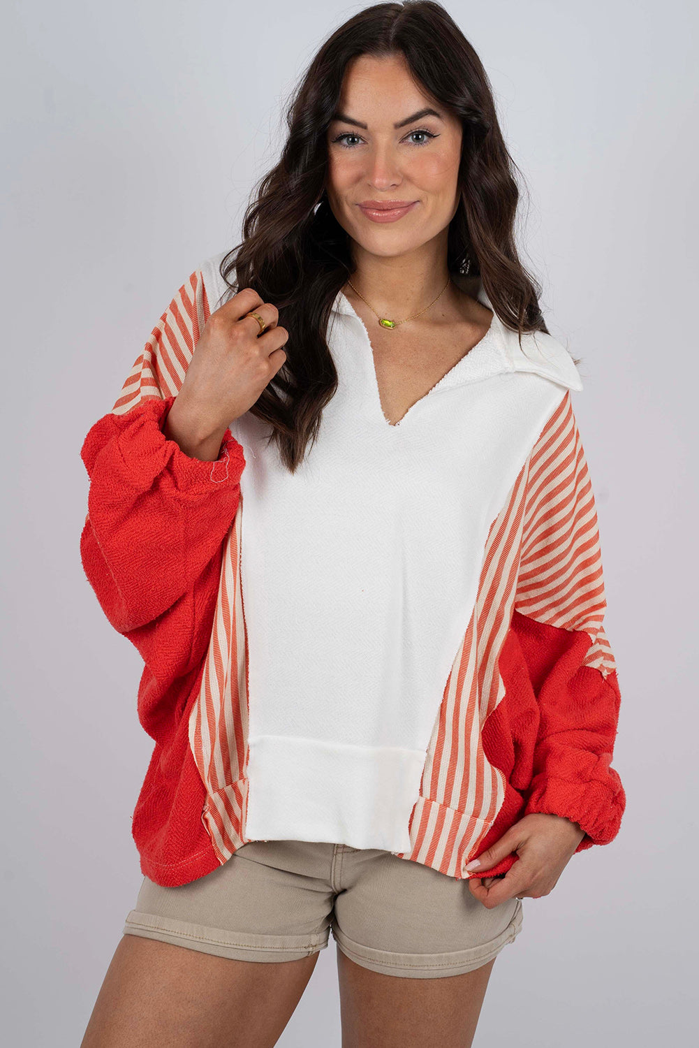 White Striped Color Block Collared V Neck Oversized Sweatshirt