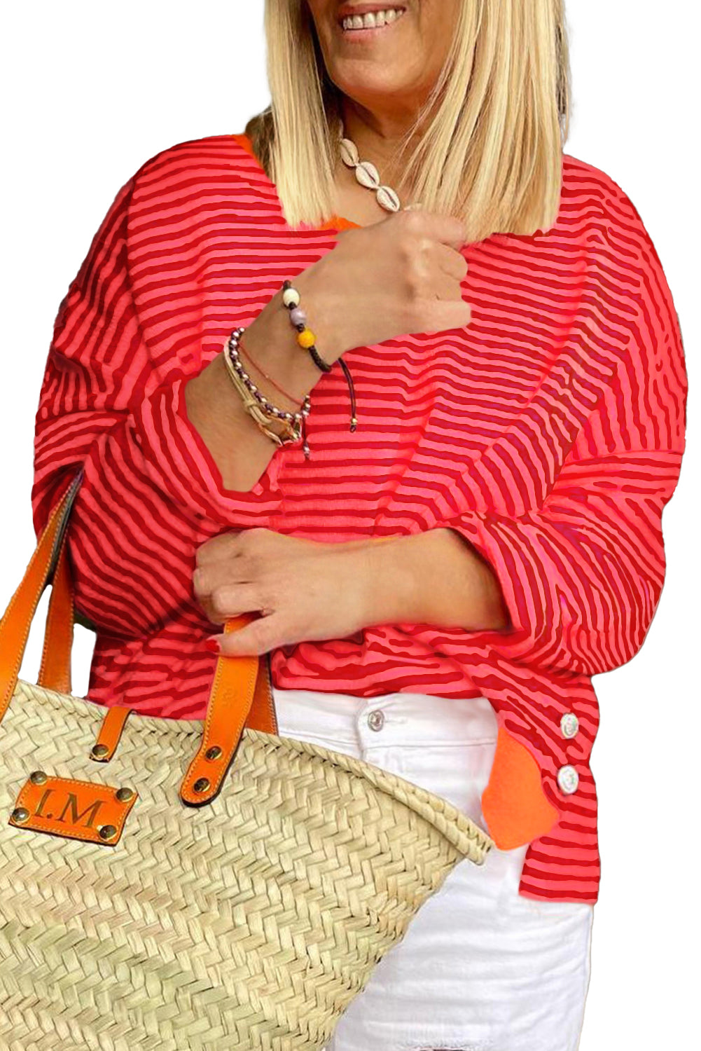 Orange Stripe Plus Size Drop Shoulder Long Sleeve Top