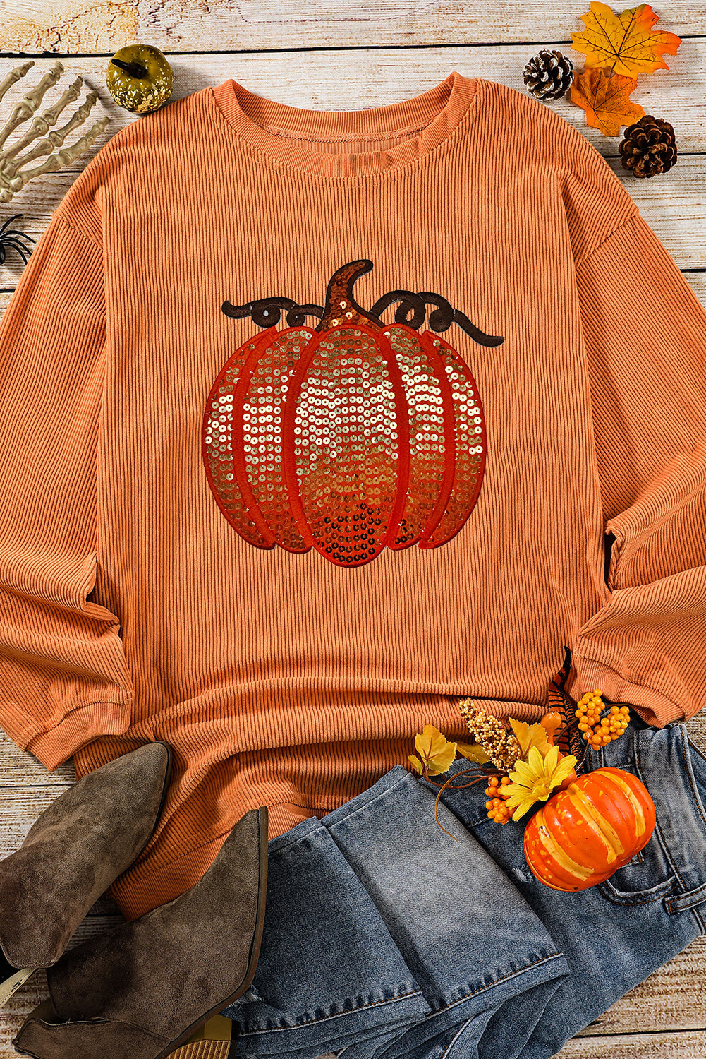 Grass Green Crinkle Ribbed Sequin Pumpkin Graphic Sweatshirt