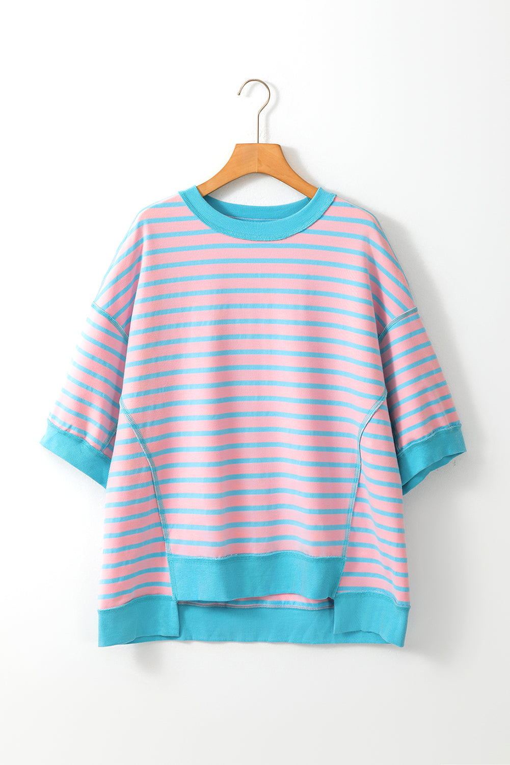 Orange Stripe Oversized Contrast Trim Exposed Seam High Low T Shirt