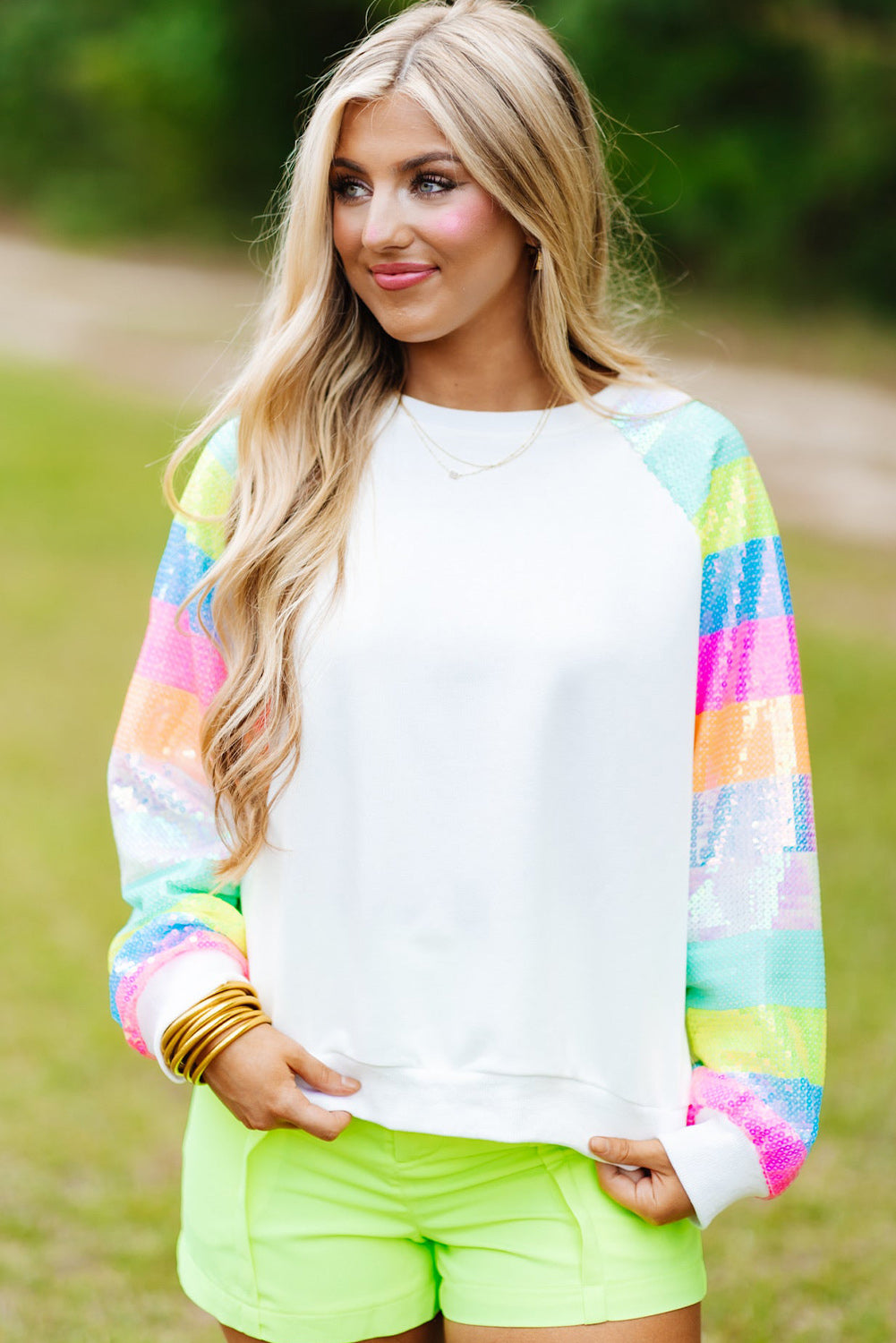 Gray Sequin Color Block Long Sleeve Pullover Sweatshirt