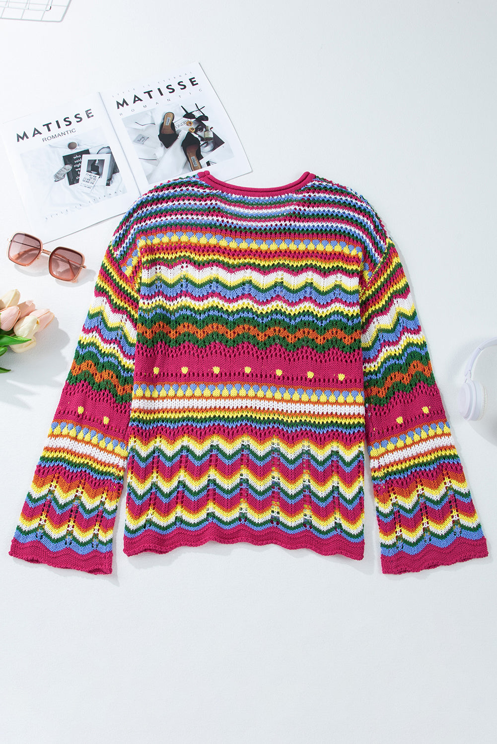 Rose Red Colorblock Striped Hollowed Knit Loose Sleeve Sweater