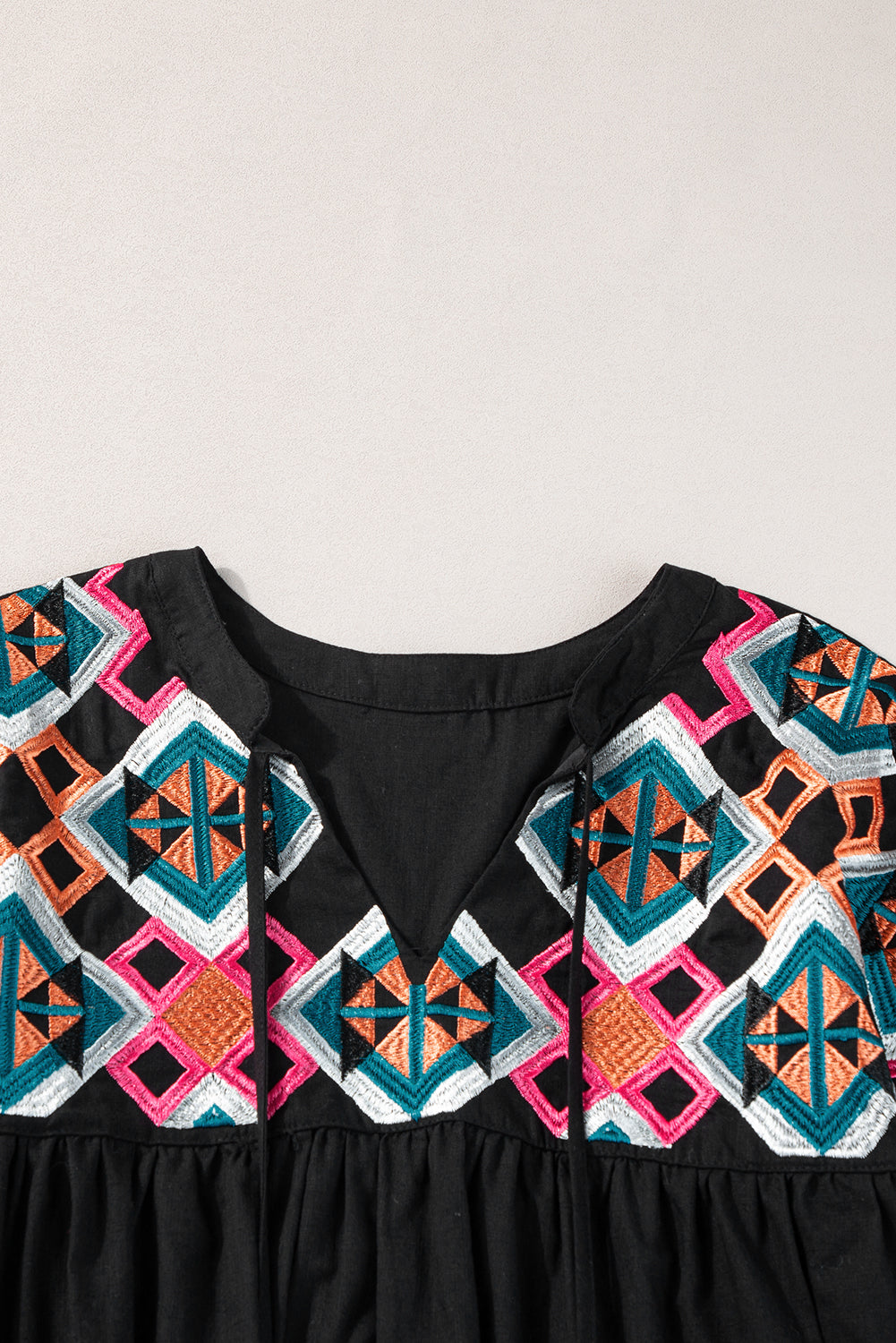 White Geometric Embroidered Smocked Neck Puff Sleeve Top