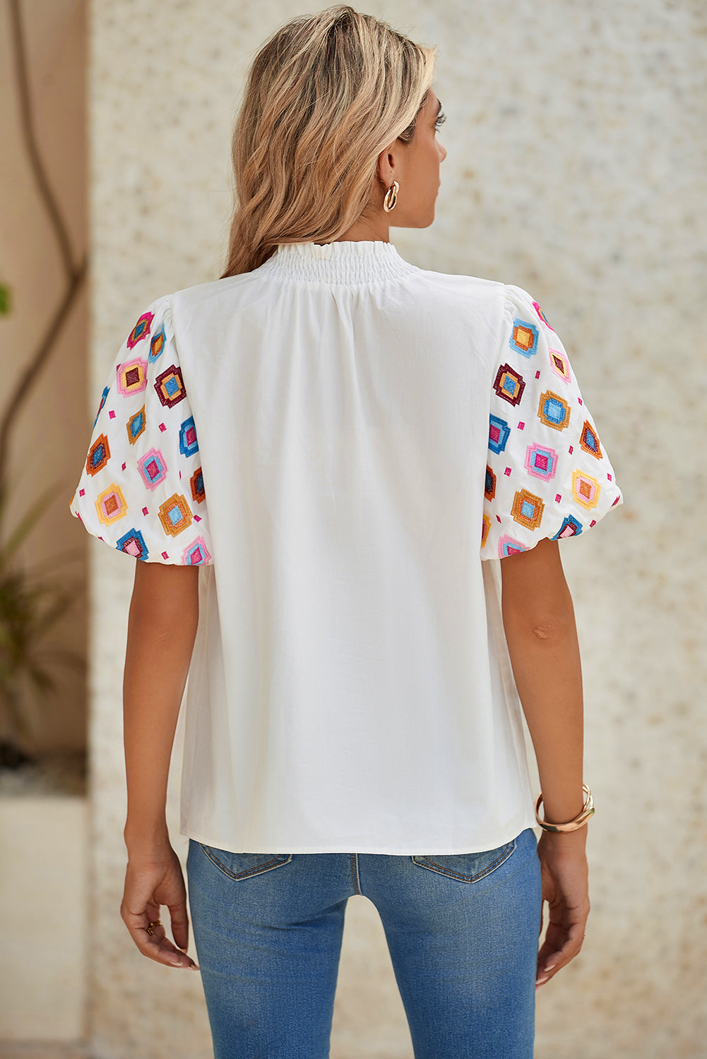 White Geometric Embroidered Smocked Neck Puff Sleeve Top