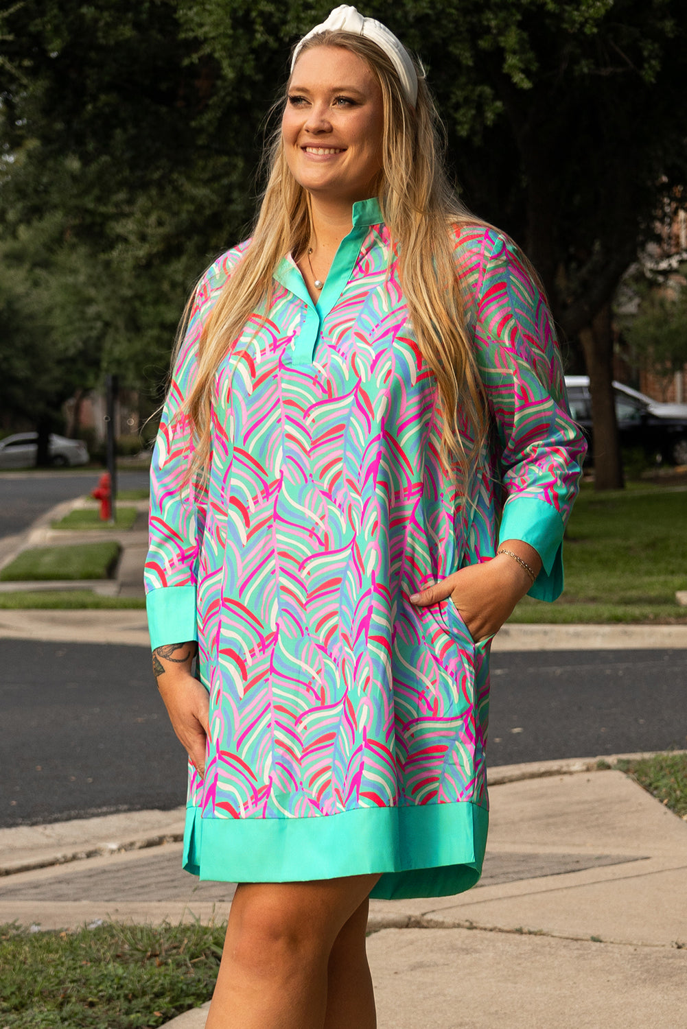 Green Plus Size Palm Pattern Long Sleeve Shift Dress