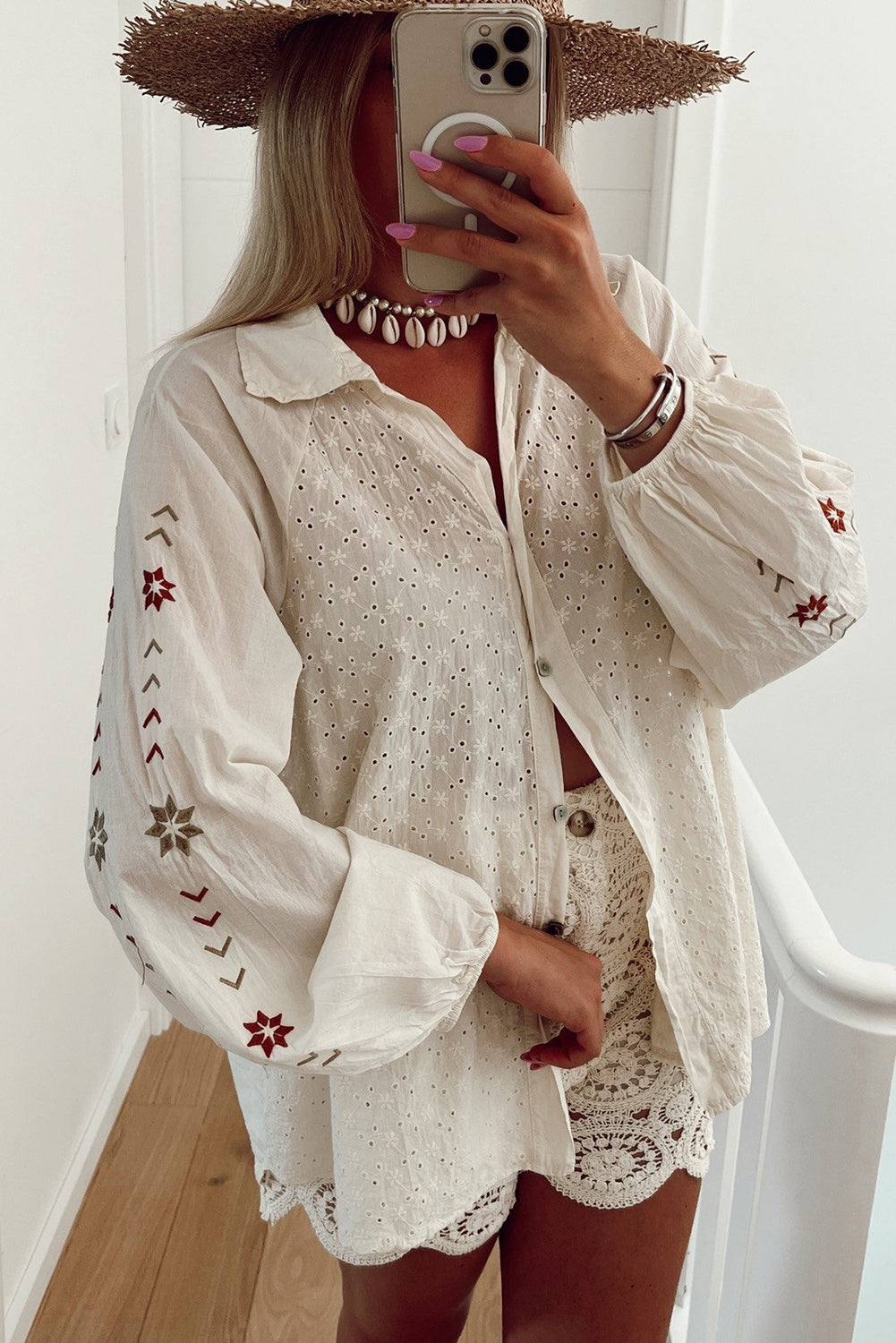 White Floral Embroidered Puff Sleeve Eyelet Patchwork Shirt