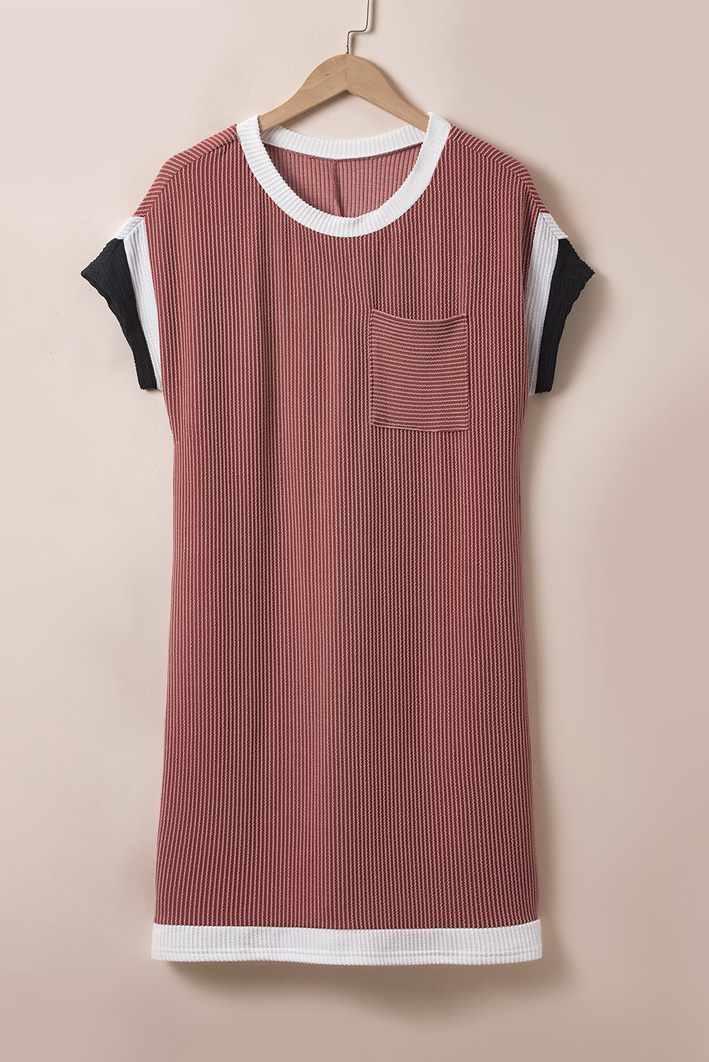 Rose Red Textured Colorblock Edge Patched Pocket T Shirt Dress