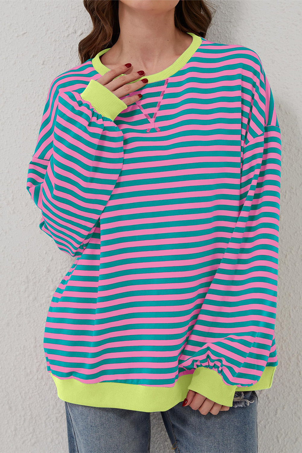 Blue Stripe Oversized Contrast Trim Pullover Sweatshirt