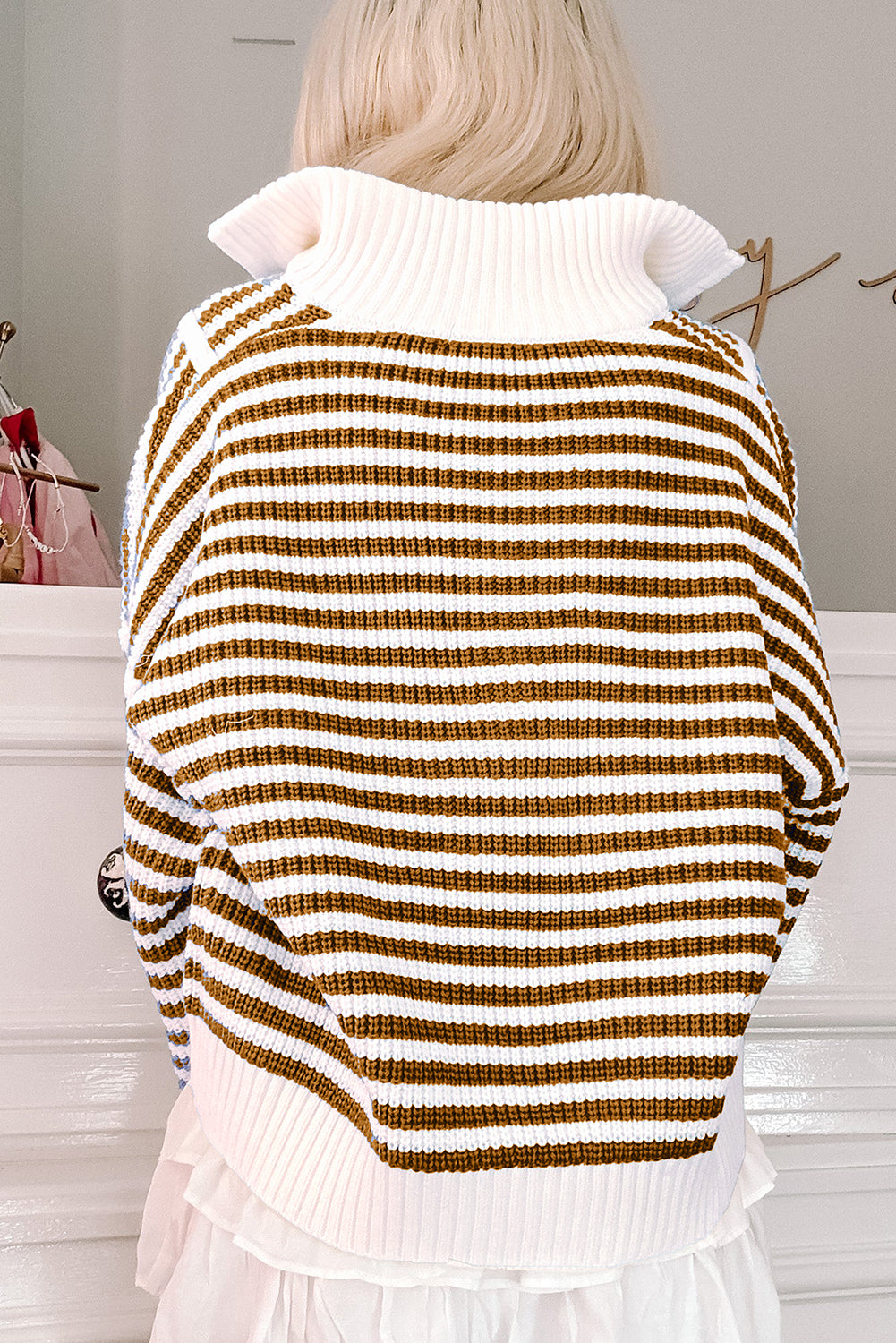 Khaki Stripe Zip Up Collar Drop Sleeve Sweater