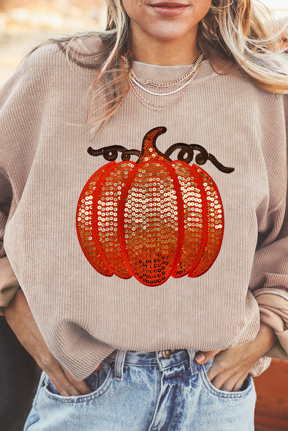 Grass Green Crinkle Ribbed Sequin Pumpkin Graphic Sweatshirt