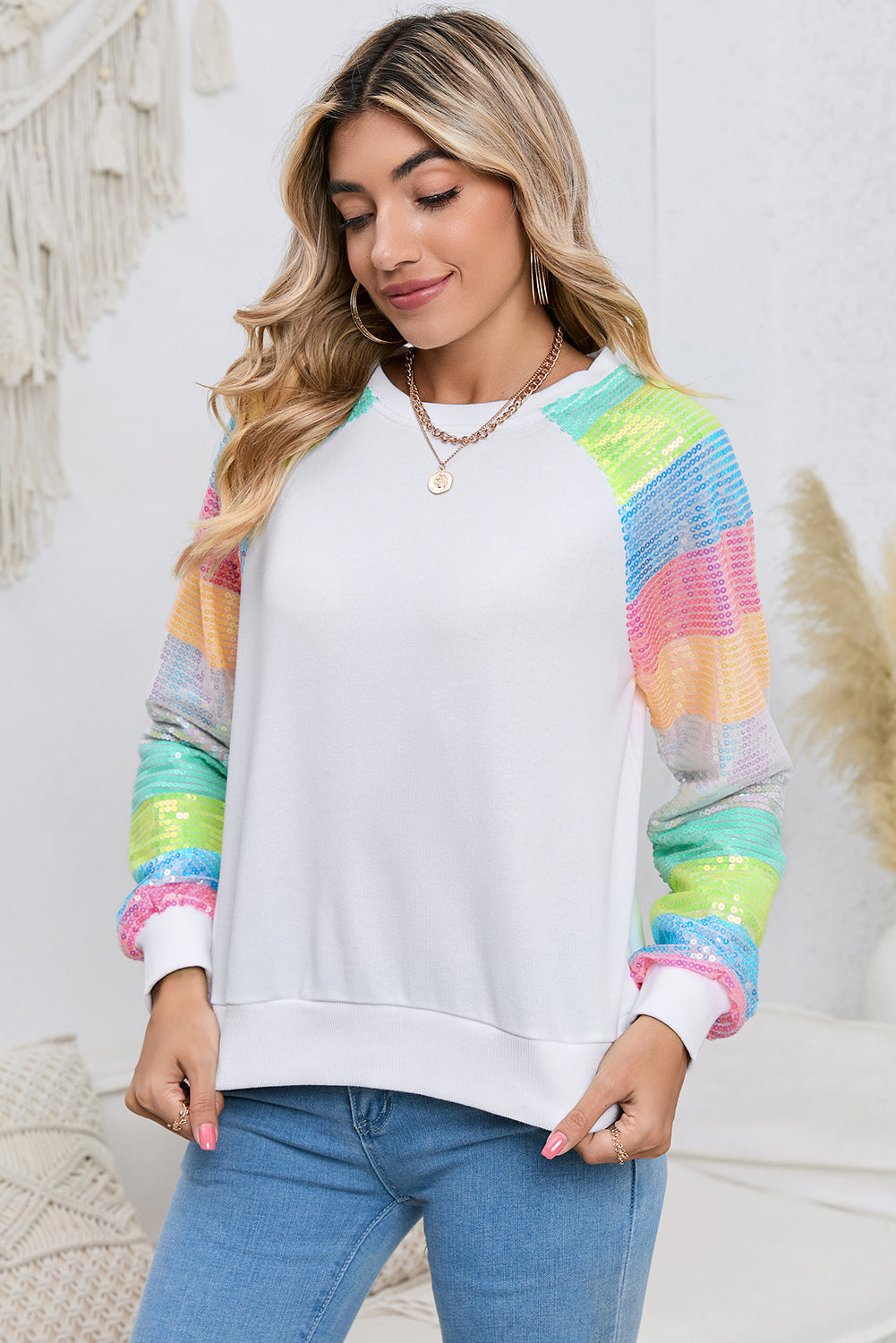 Gray Sequin Color Block Long Sleeve Pullover Sweatshirt