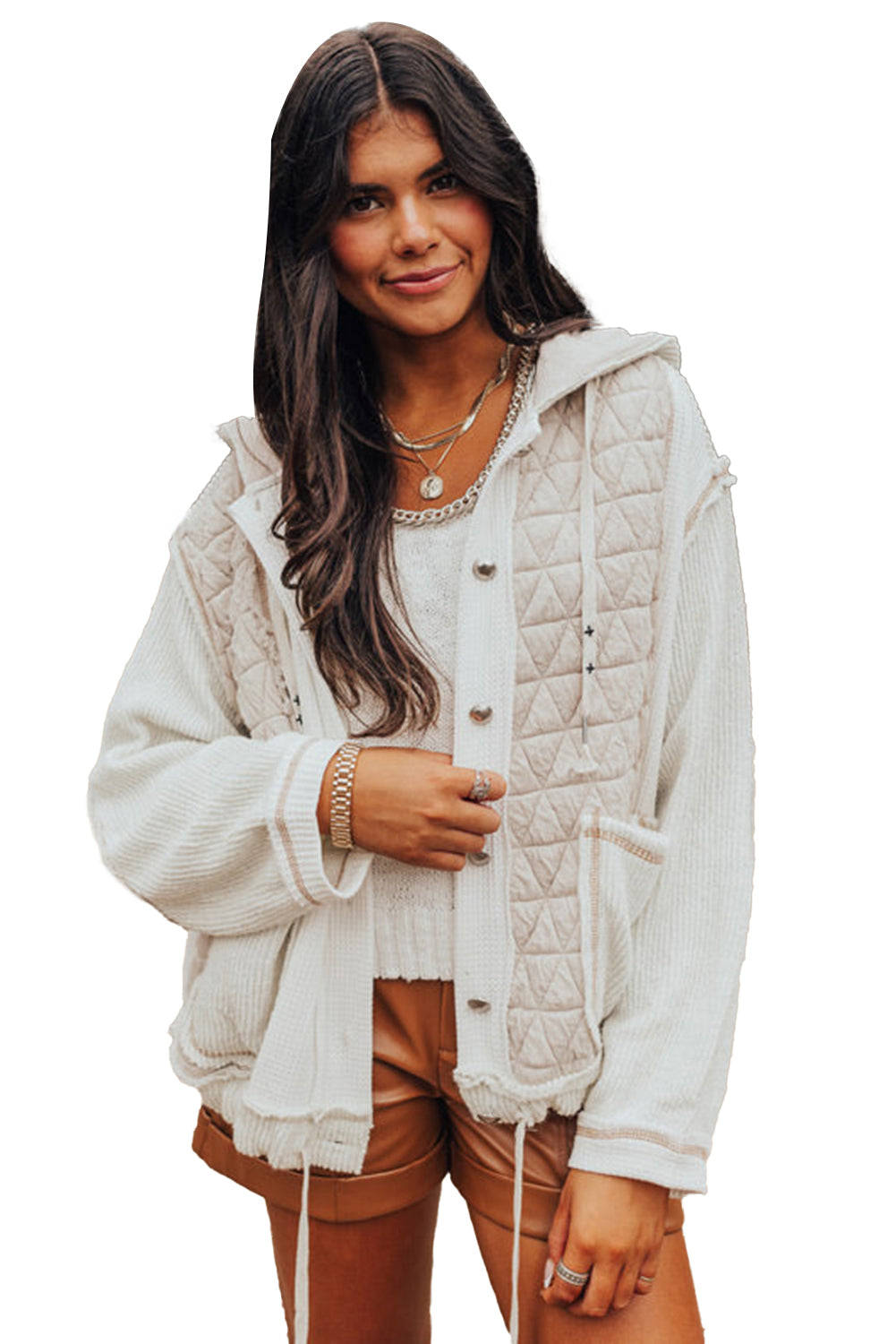 Beige Quilted Textured Patchwork Hooded Jacket