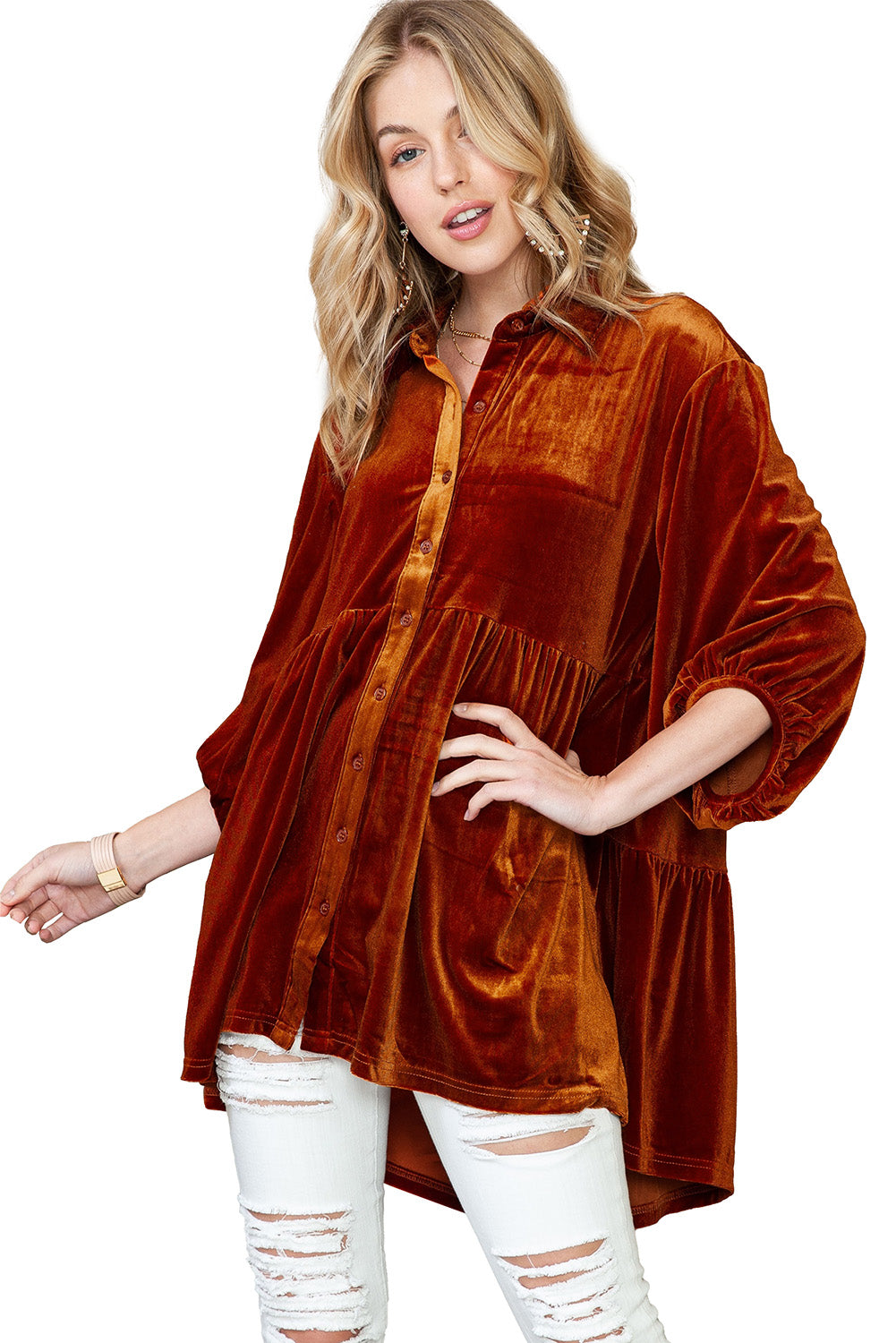 Chestnut Lantern Sleeve Tunic Babydoll Velvet Shirt