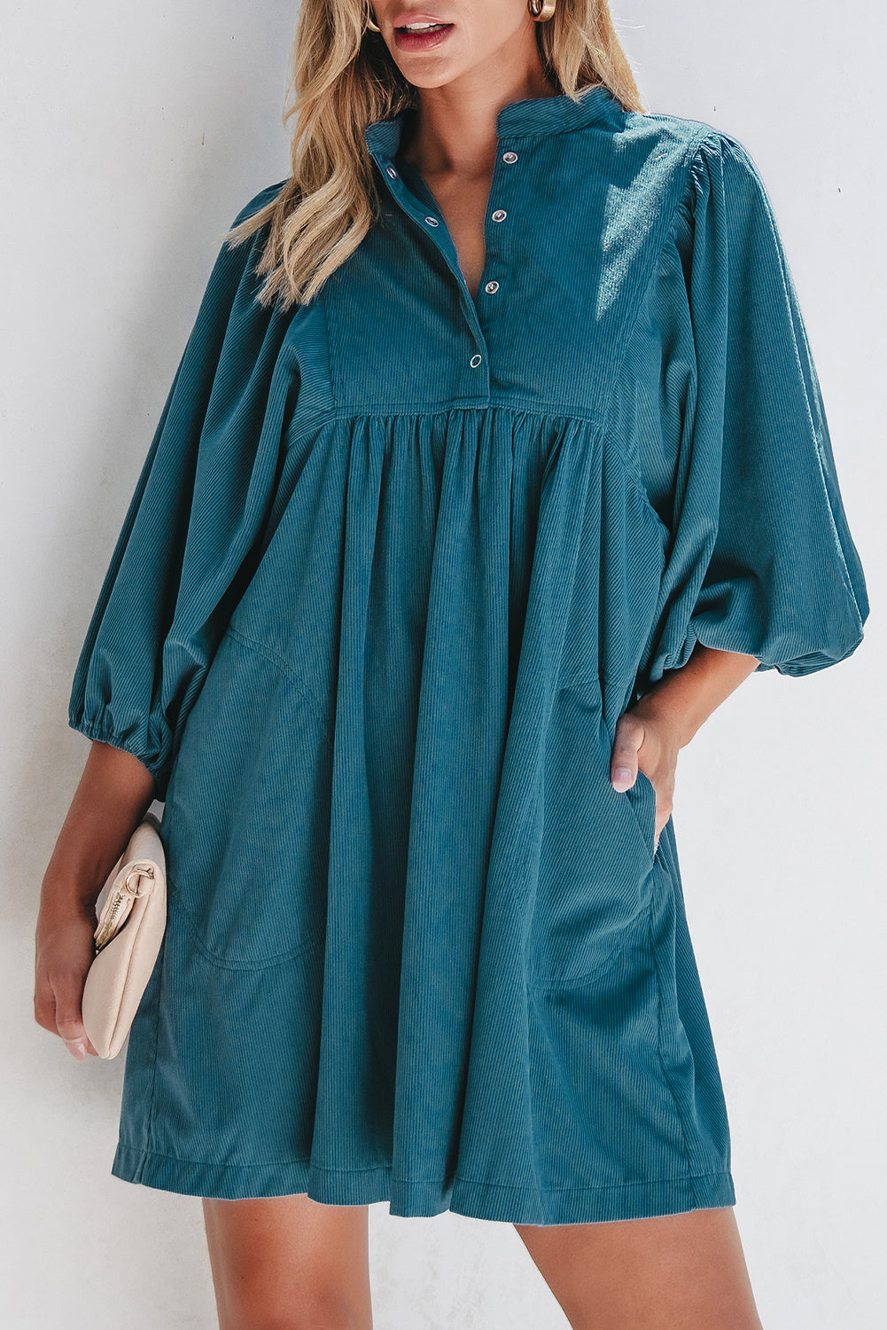 Vineyard Green Corduroy Snap Buttons Empire Waist Bracelet Sleeve Dress