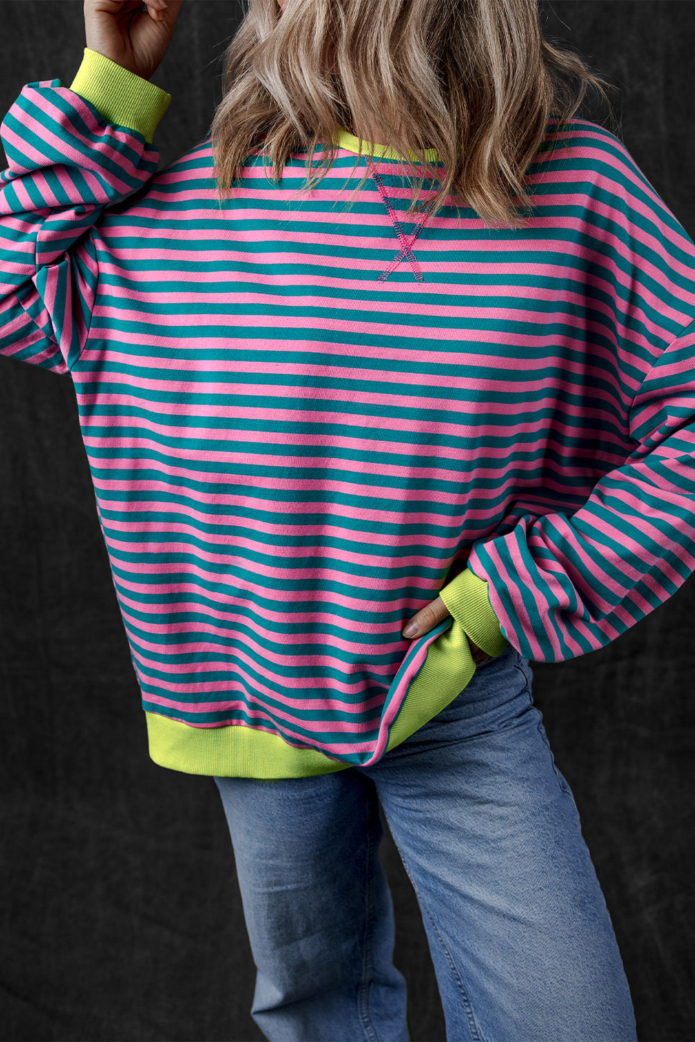 Blue Stripe Oversized Contrast Trim Pullover Sweatshirt