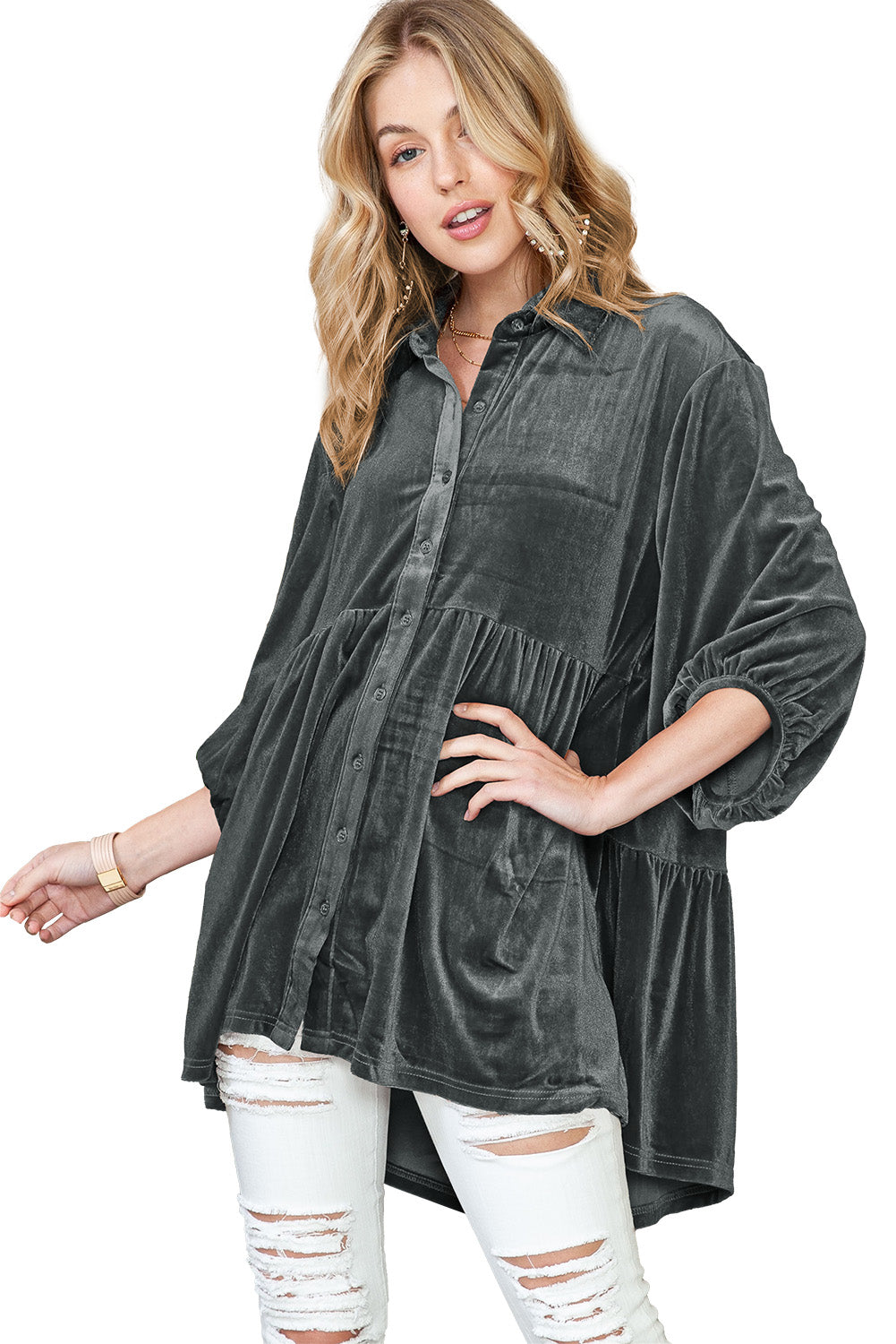 Chestnut Lantern Sleeve Tunic Babydoll Velvet Shirt