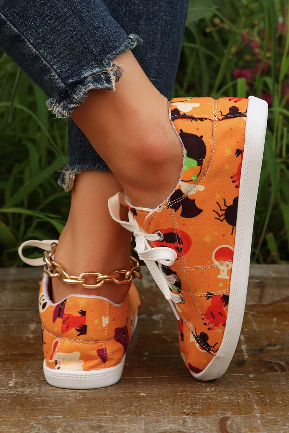 Orange Halloween Pumpkin Spider Ghost Print Sneakers