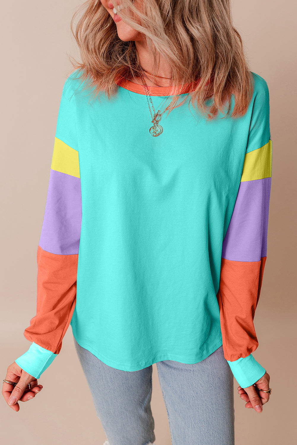 Green Colorblock Patchwork Long Sleeve Loose Top