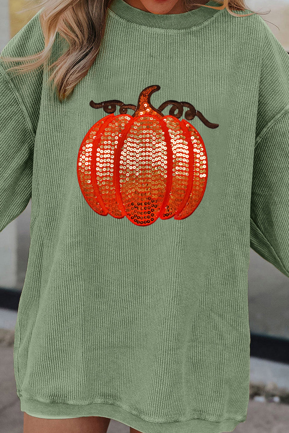 Grass Green Crinkle Ribbed Sequin Pumpkin Graphic Sweatshirt