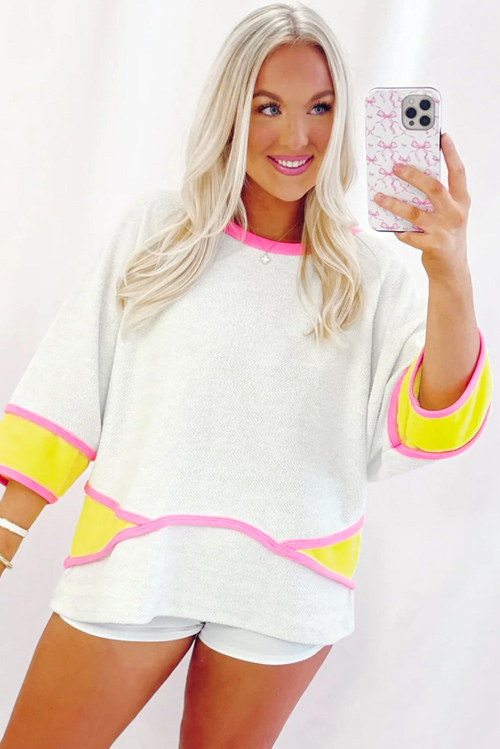 White Colorblock 3/4 Sleeve Relaxed Top