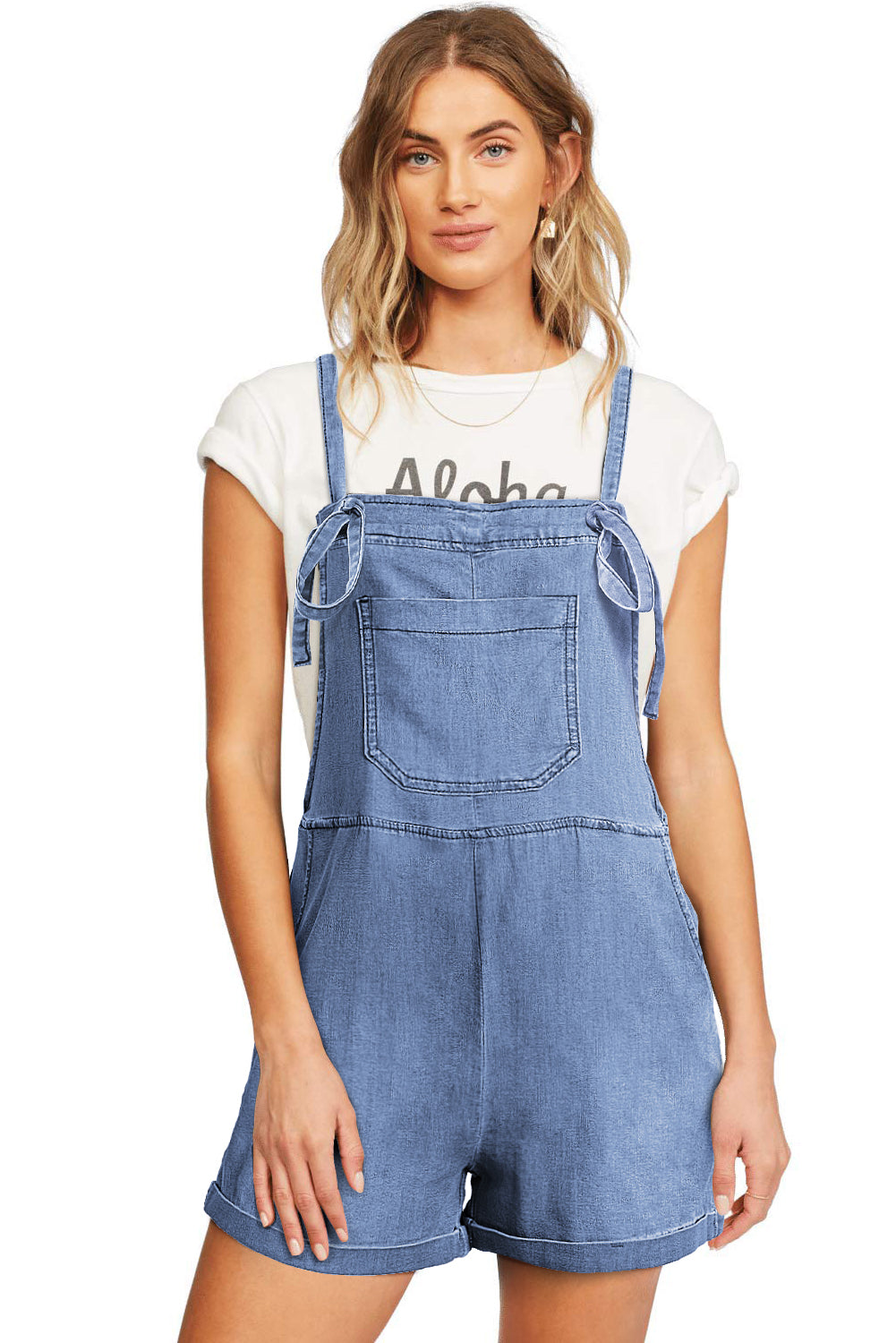 Light Blue Adjustable Knotted Straps Pocketed Denim Overalls