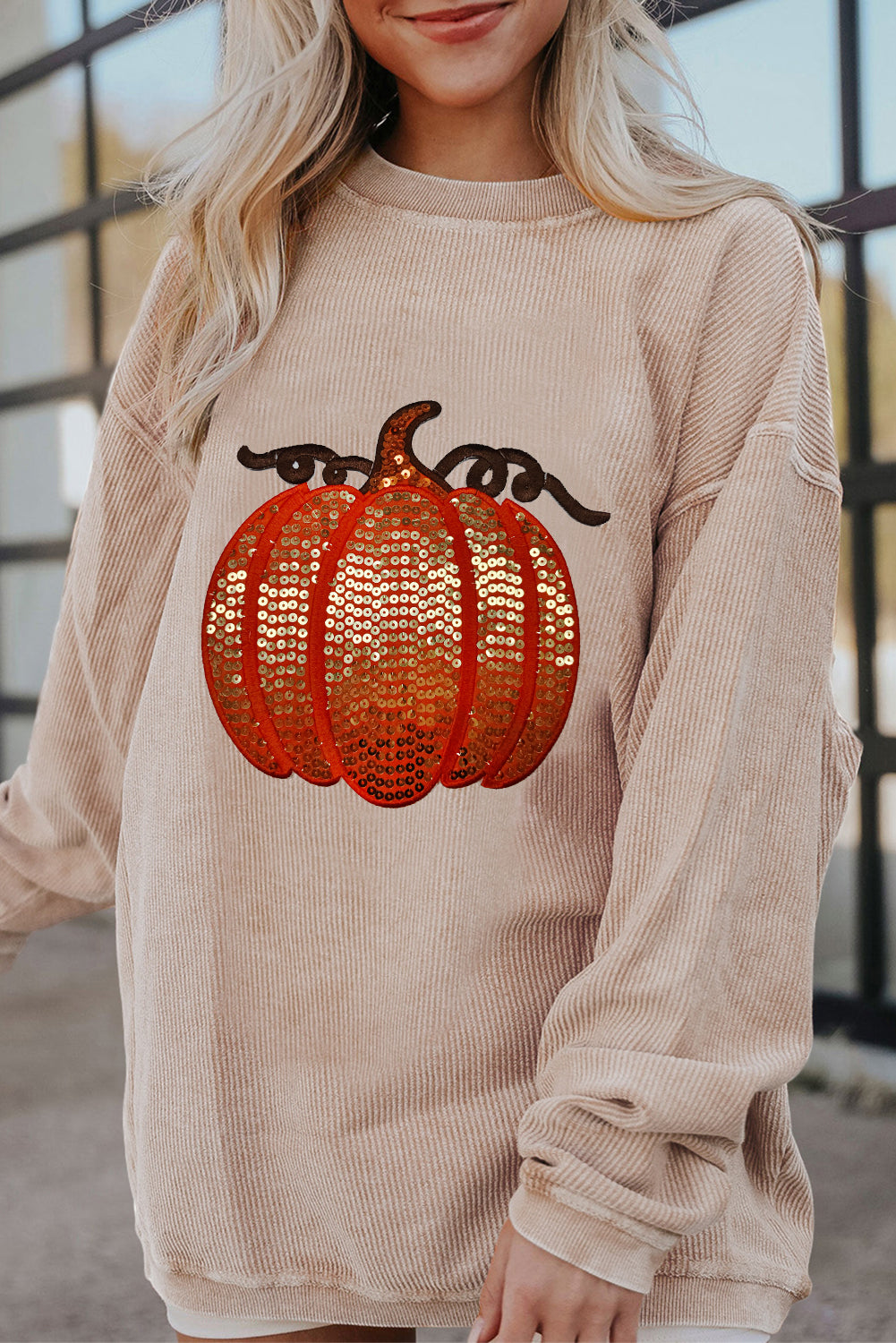 Grass Green Crinkle Ribbed Sequin Pumpkin Graphic Sweatshirt