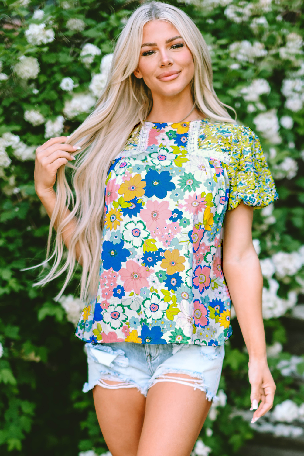 Rose Red Bubble Sleeve Lace Trim Floral Mixed Print Blouse