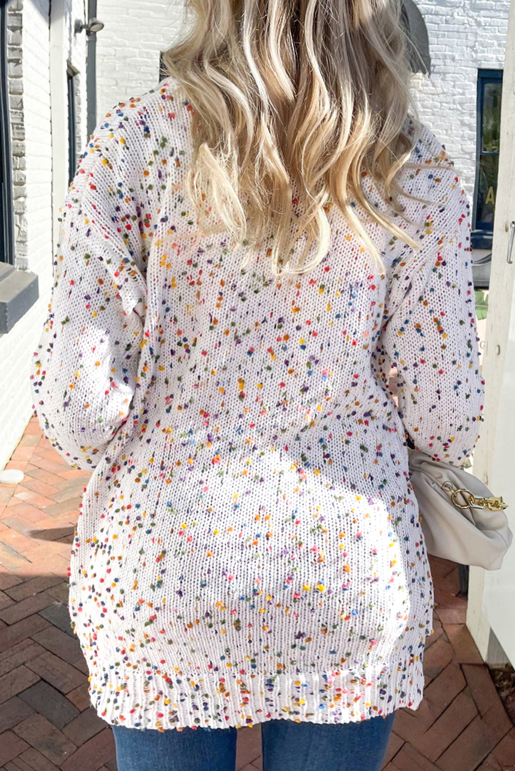 White Multicolor Dotted Rib Knit Long Sleeve Cardigan