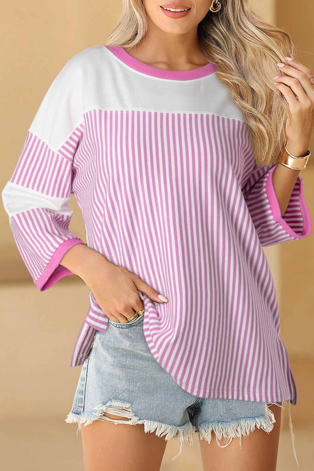 Dark Khaki Striped Patchwork Oversized Tee