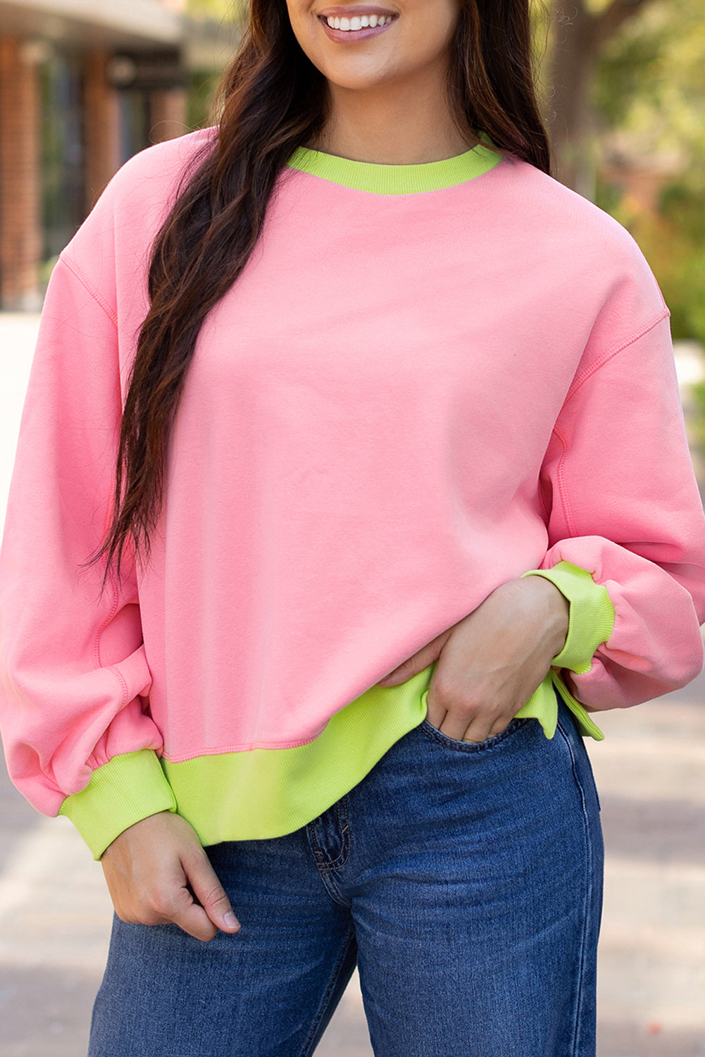 Pink Colorblock Bubble Sleeve Sweatshirt