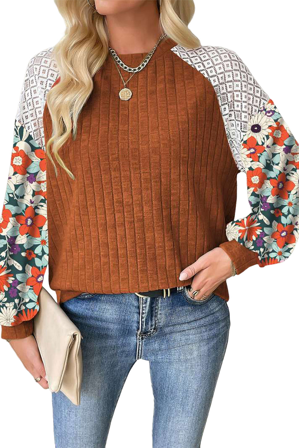 Cinnamon Floral Patchwork Raglan Sleeve Ribbed Top