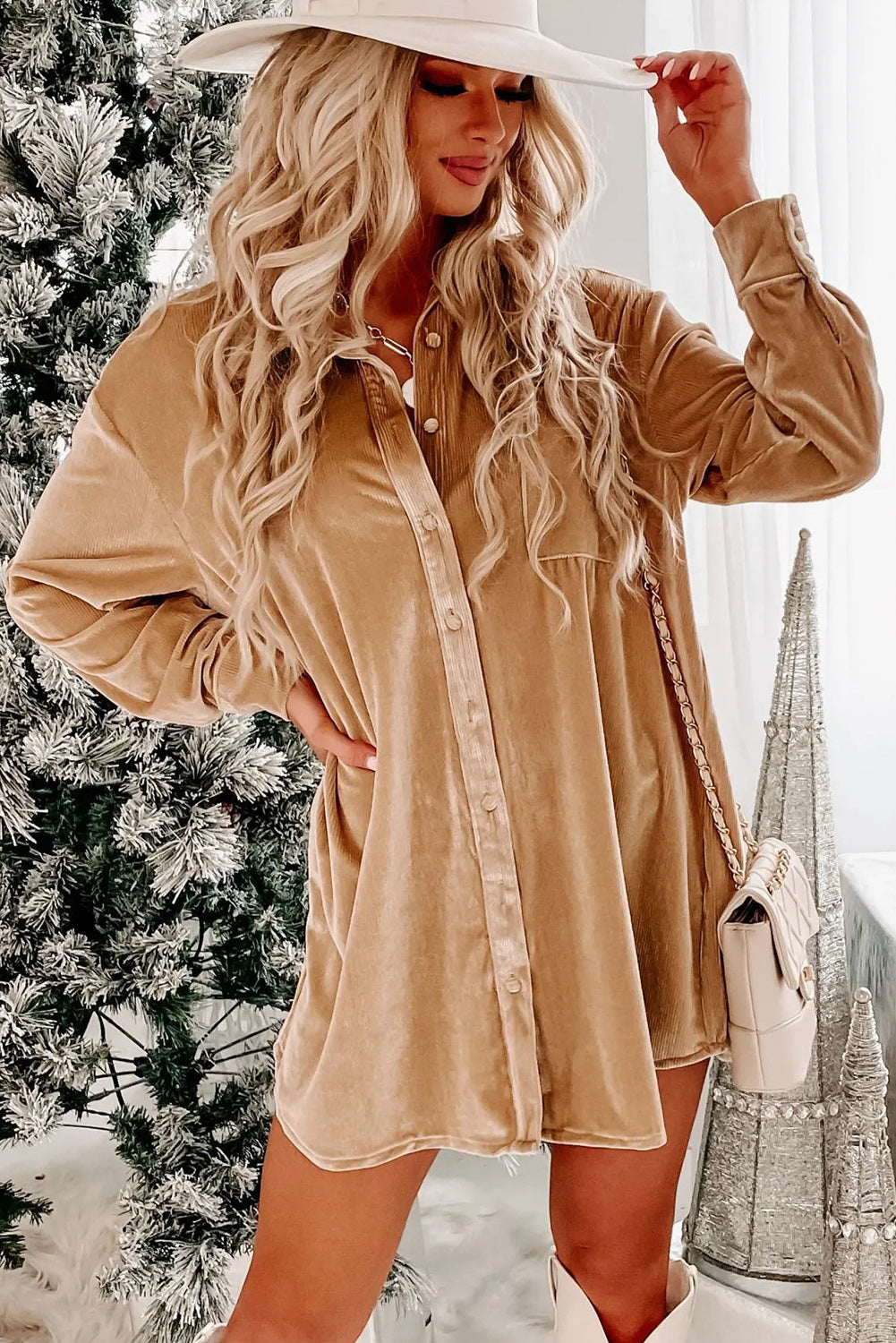 Green Velvet Button Front Shirt Mini Dress