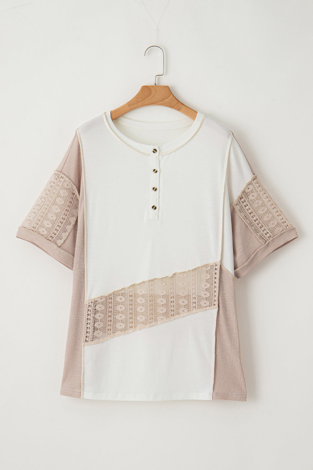 White Lace Splicing Ribbed Patchwork Short Sleeve Henley Top