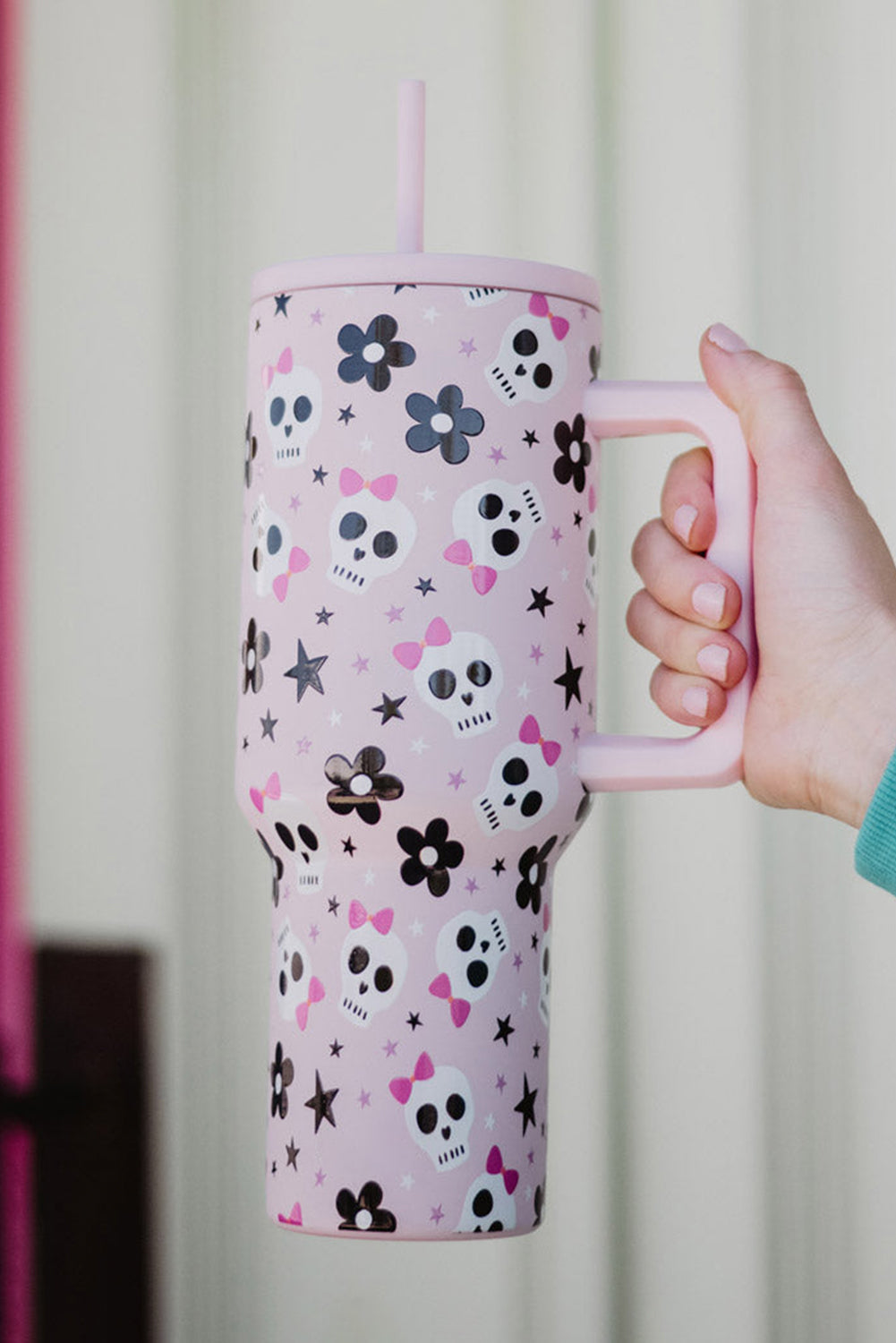 Light Pink 40oz Halloween Skull Flower Print Handle Vacuum Cup