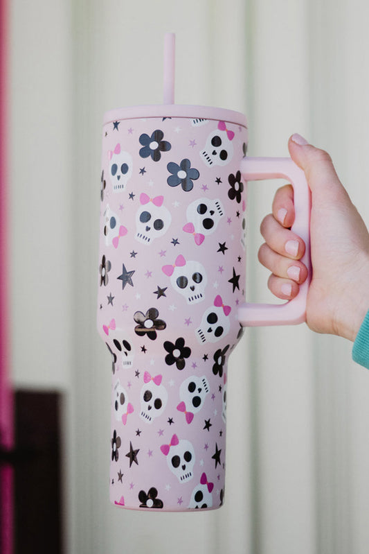 Light Pink 40oz Halloween Skull Flower Print Handle Vacuum Cup