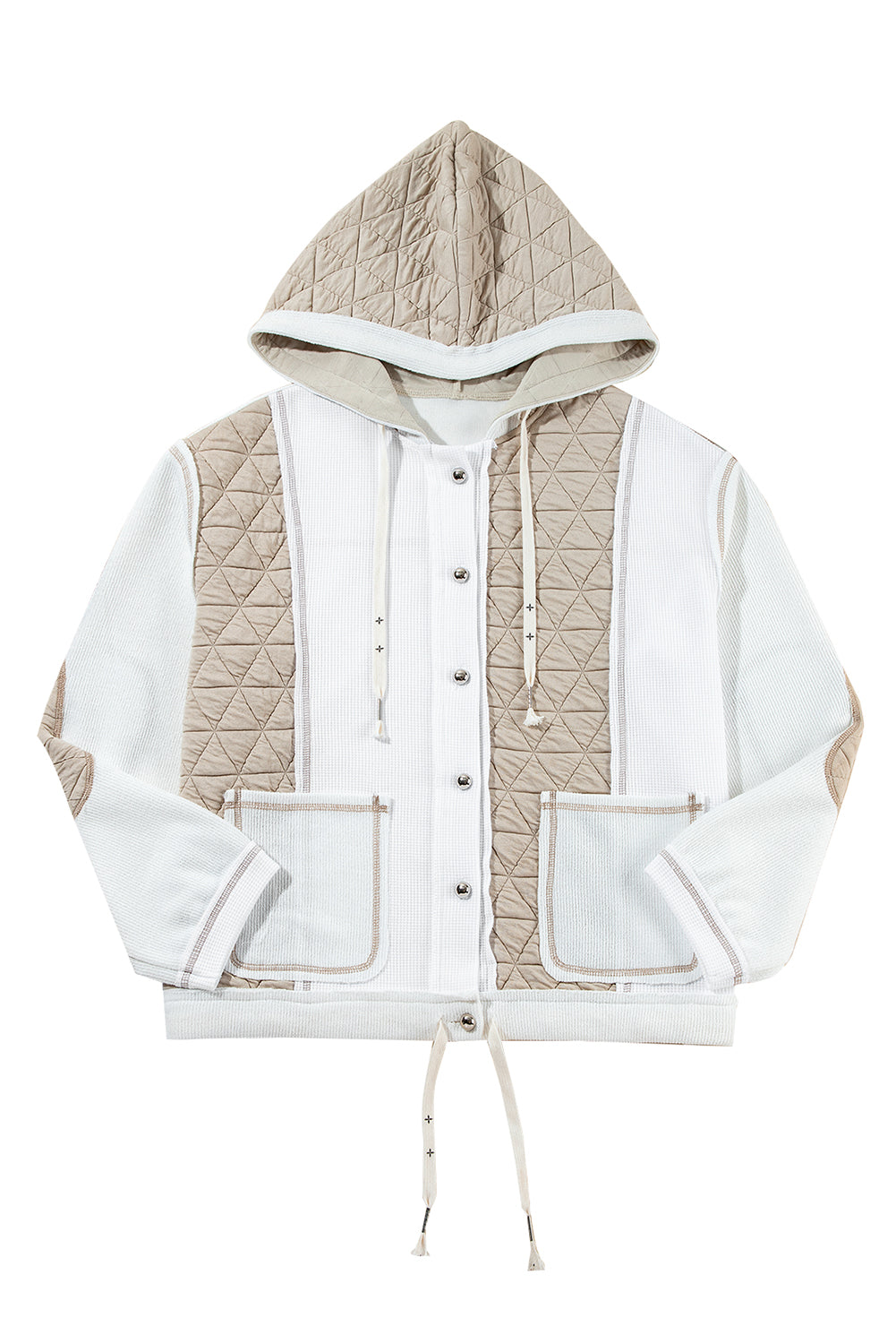 Beige Quilted Textured Patchwork Hooded Jacket