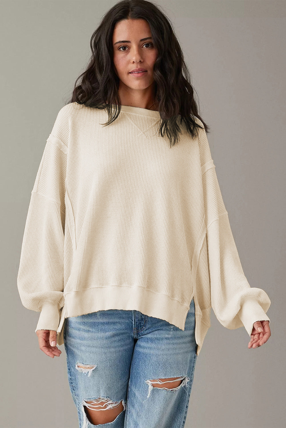 White Waffle Bishop Sleeve Split Oversized Sweatshirt