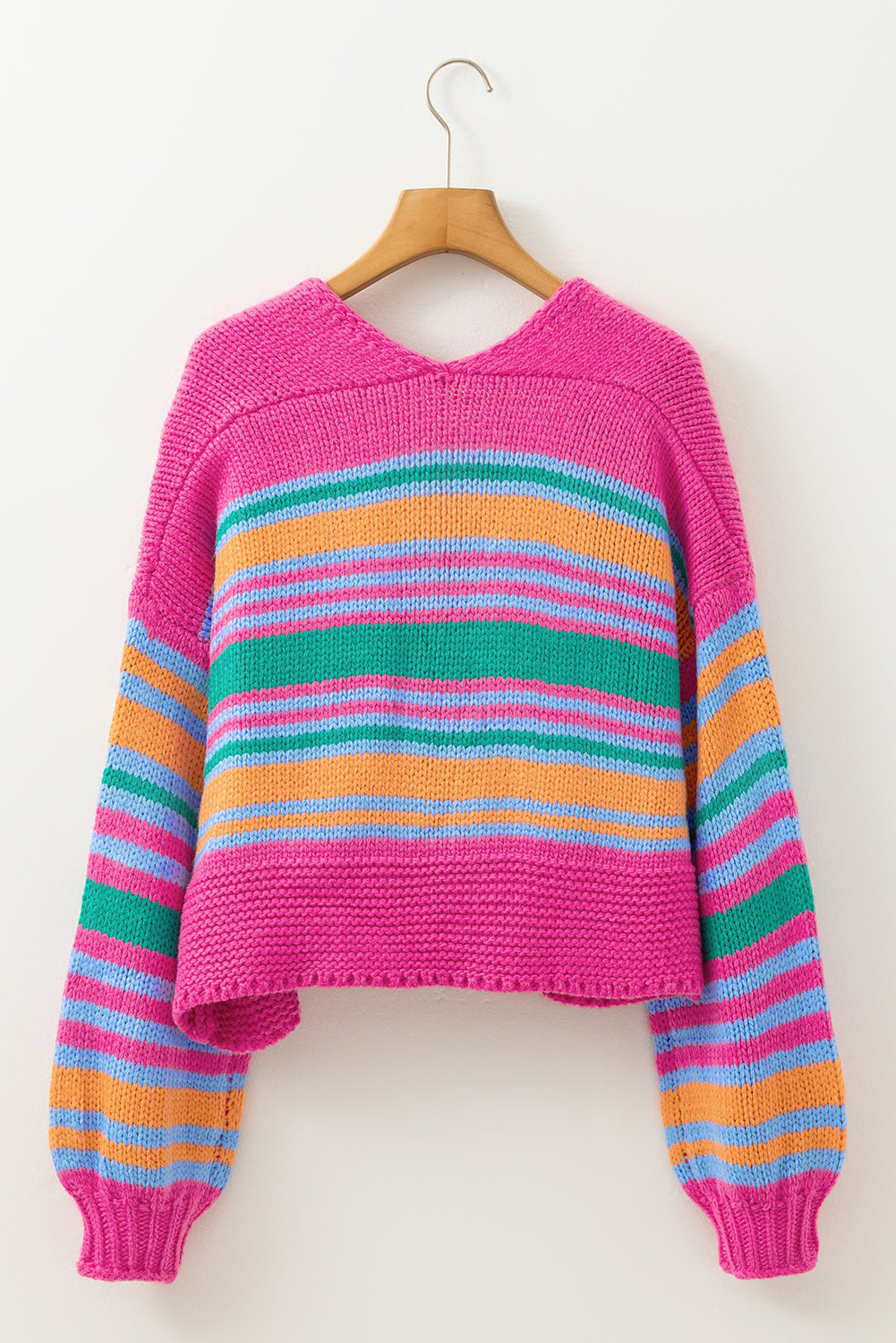 Rose Stripe Colorful Puff Sleeve Drop Shoulder Loose Cardigan