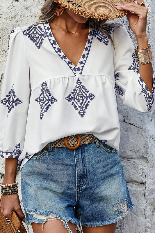 White Boho Geometric Print Bracelet Sleeve V Neck Blouse