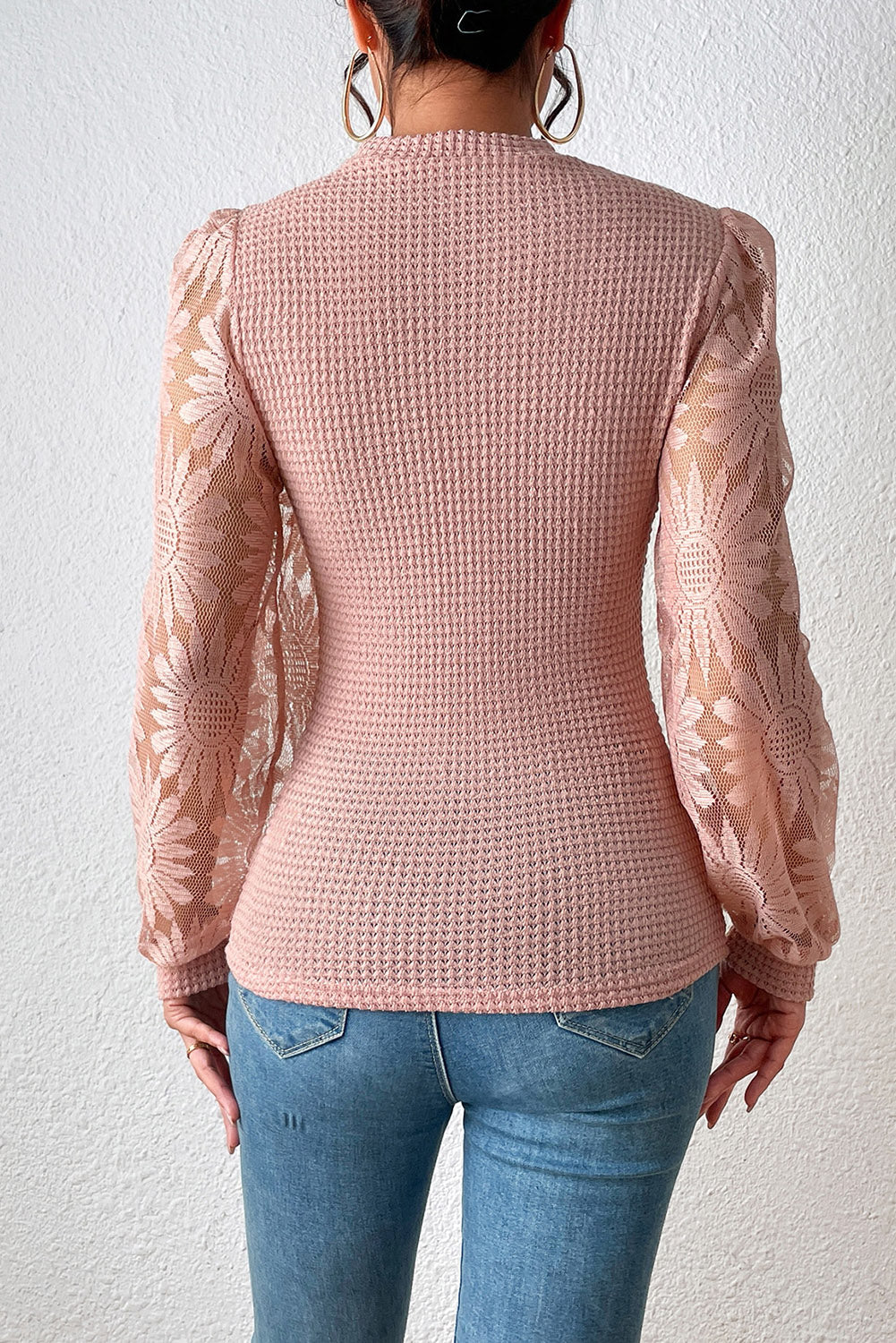 Peach Blossom Sunflower Lace Long Sleeve Waffle Knit Top