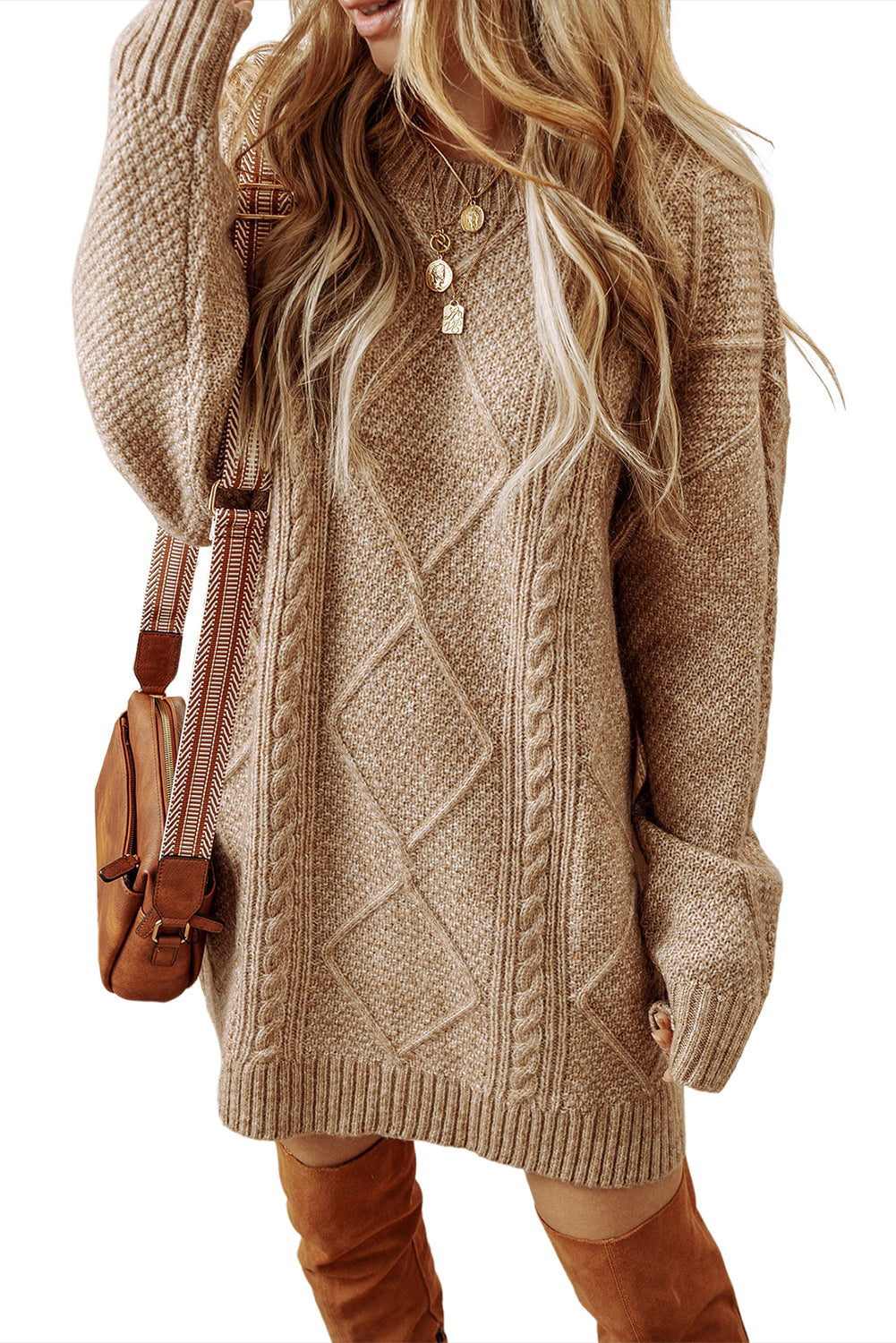 Coffee Cable Knit Drop Shoulder Loose Fit Sweater Dress