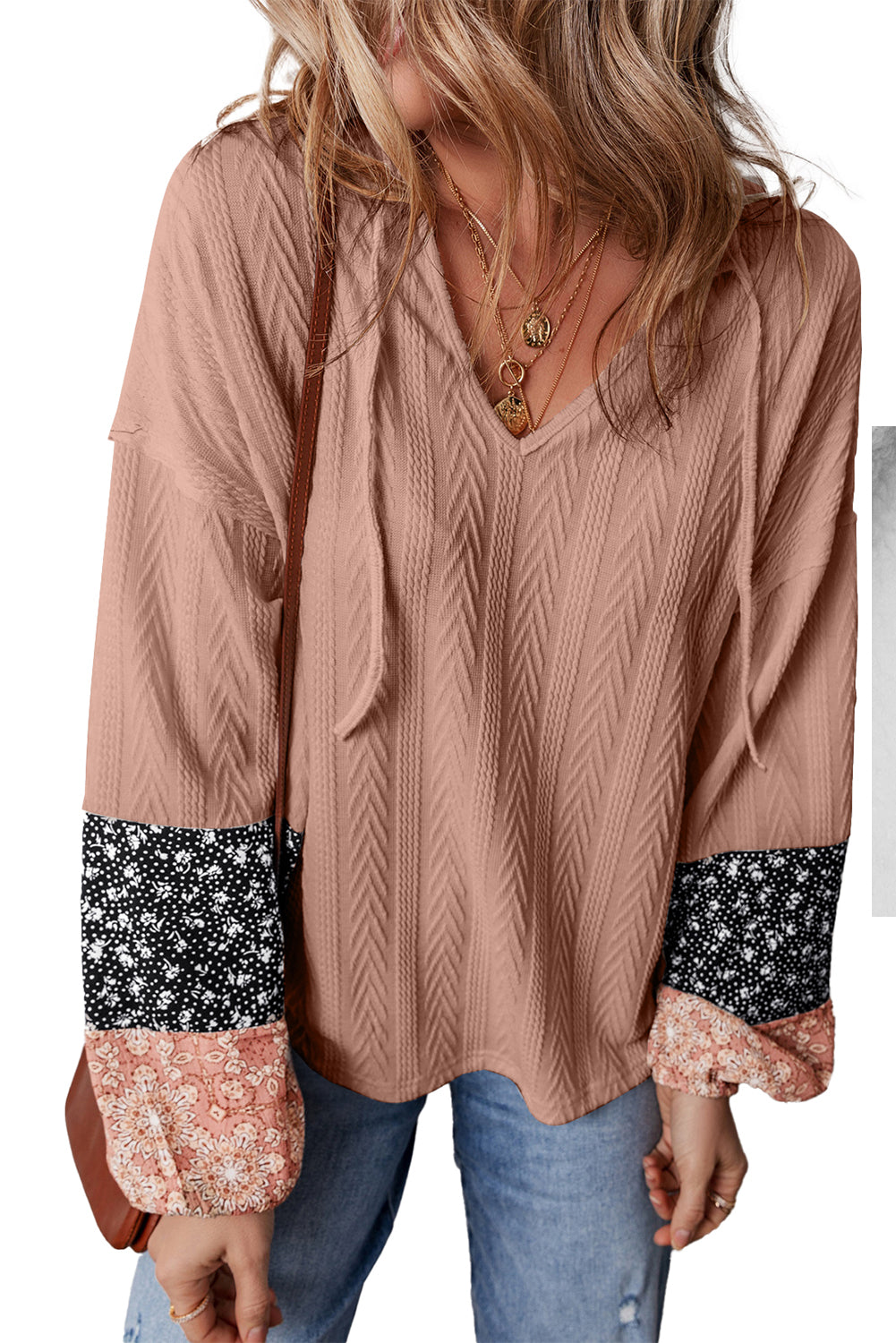 Dusty Pink Floral Patchwork Textured Drawstring V Neck Top