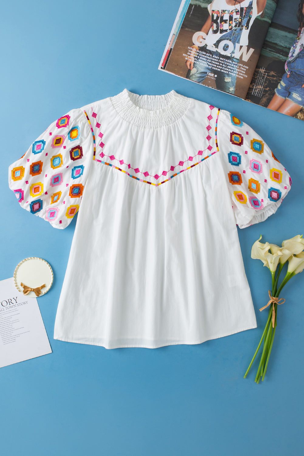 White Geometric Embroidered Smocked Neck Puff Sleeve Top