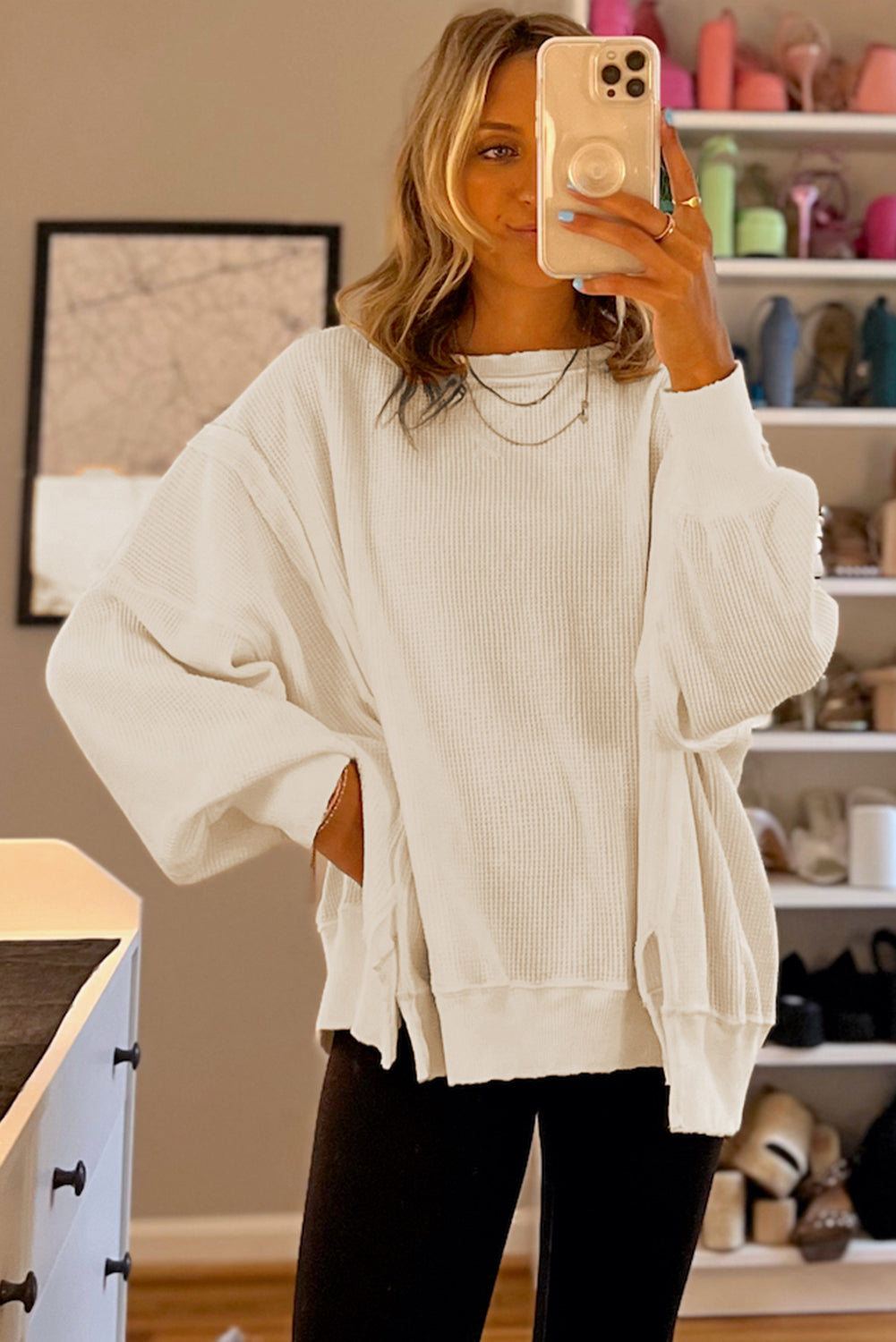 White Waffle Bishop Sleeve Split Oversized Sweatshirt