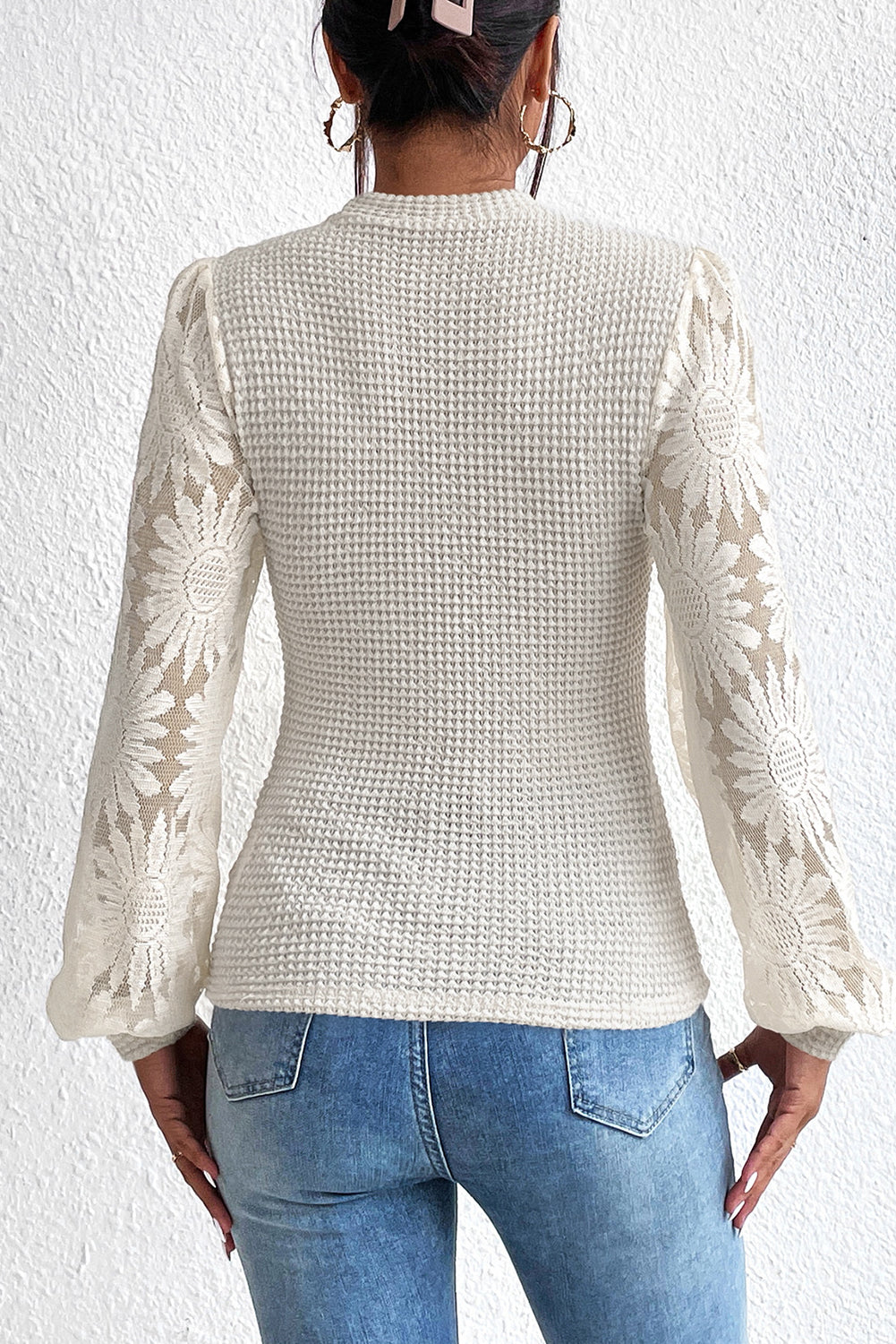 Peach Blossom Sunflower Lace Long Sleeve Waffle Knit Top